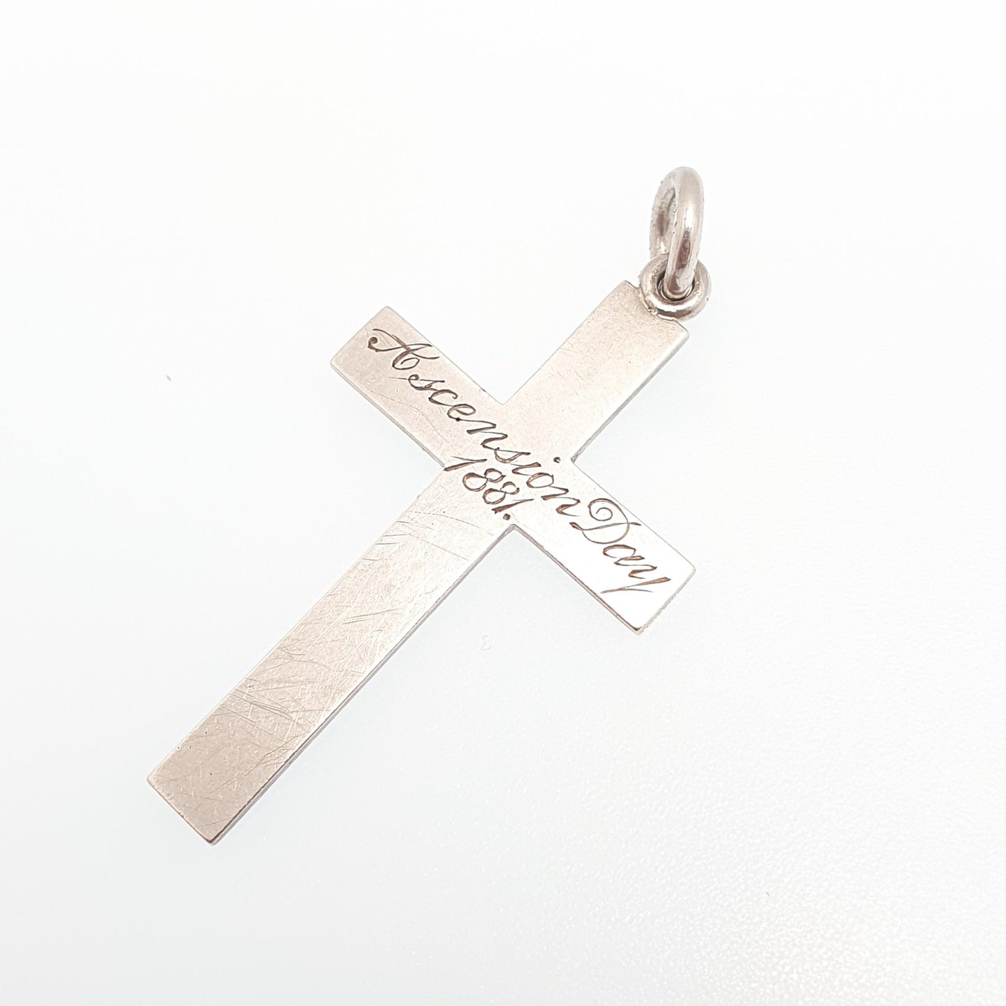 Antique Victorian Sterling Silver Crucifix Necklace Pendant Ascension Day 1881 Hallmark Engraved Cross Catholic Christian Jewelry Vintage