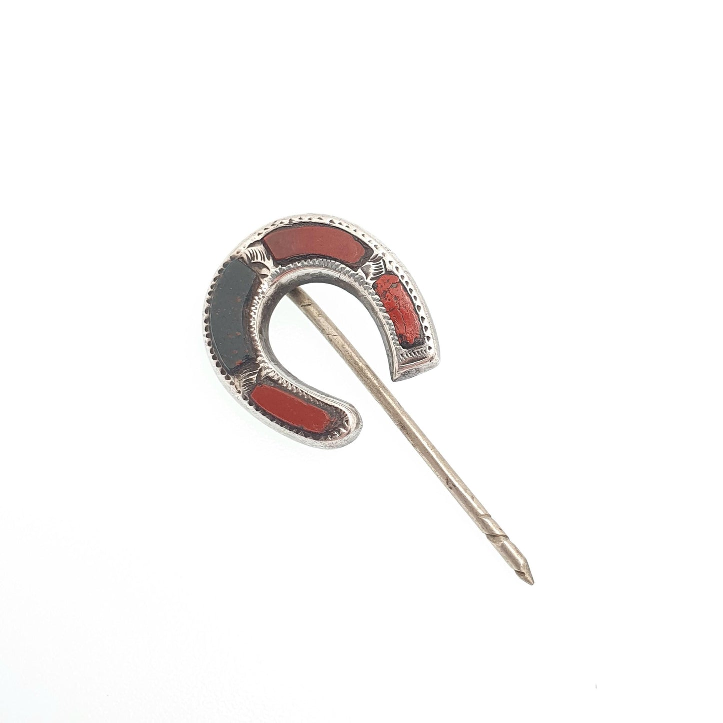 RESERVED/SOLD DON Antique Solid Silver Horseshoe Stick Pin Scottish Bloodstone Agate Jasper Victorian Lucky Good Luck Lapel Jacket