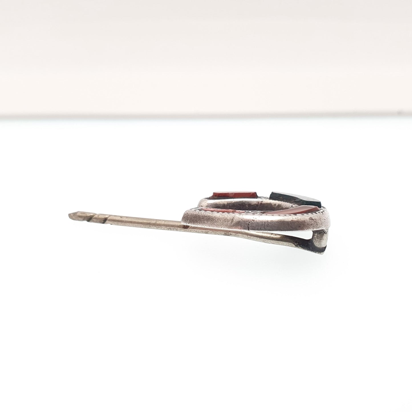 RESERVED/SOLD DON Antique Solid Silver Horseshoe Stick Pin Scottish Bloodstone Agate Jasper Victorian Lucky Good Luck Lapel Jacket