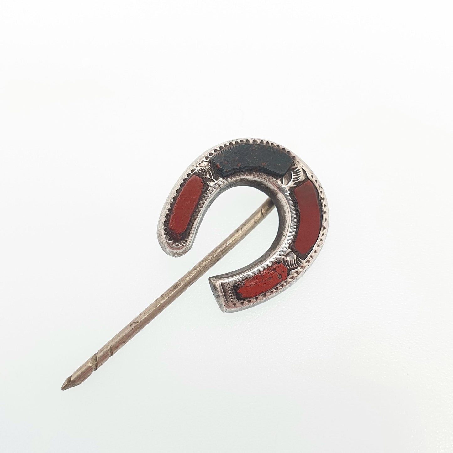 RESERVED/SOLD DON Antique Solid Silver Horseshoe Stick Pin Scottish Bloodstone Agate Jasper Victorian Lucky Good Luck Lapel Jacket