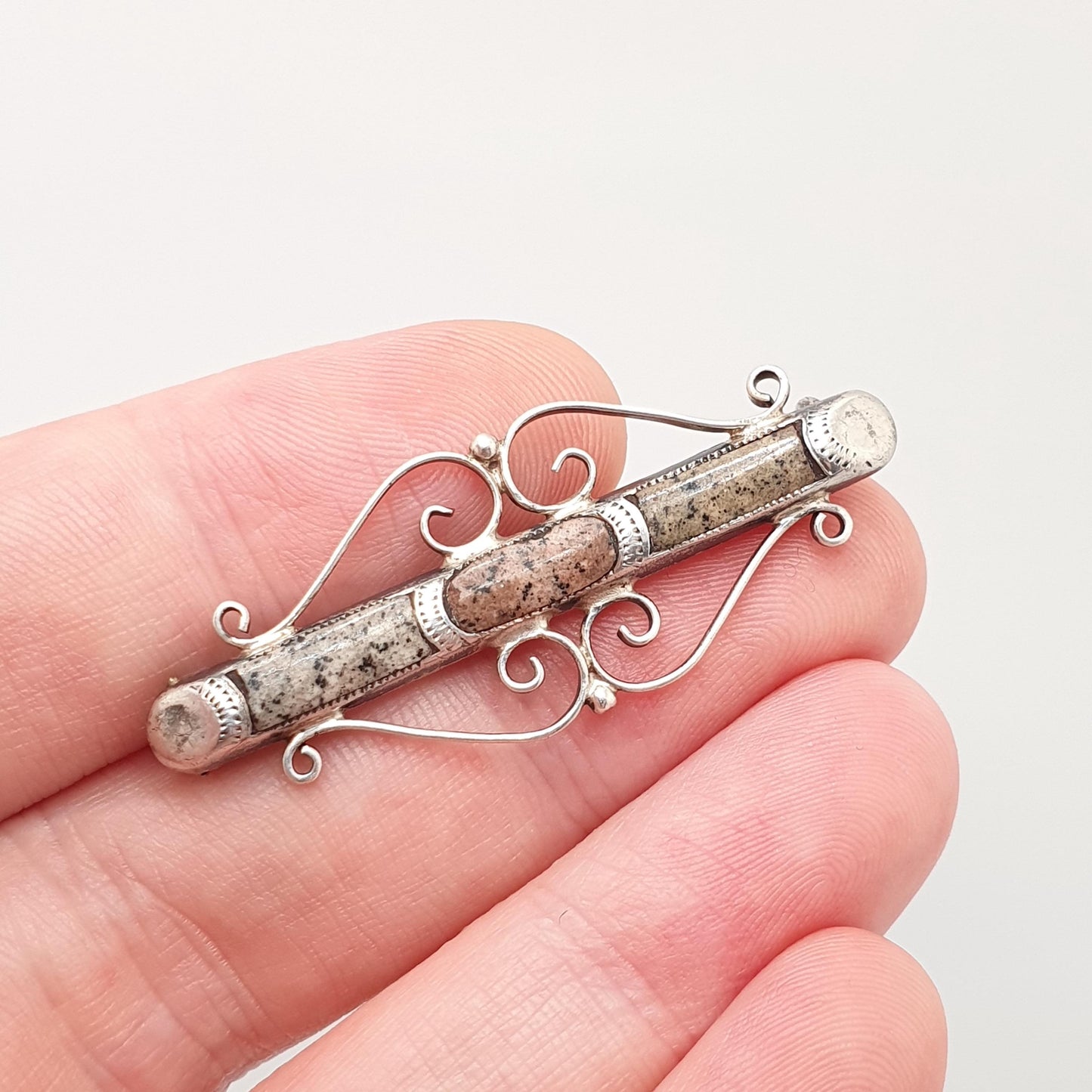 Antique Sterling Silver Scottish Granite Brooch Adie Lovekin 1921 Hallmarked Pink Aberdeenshire Feldspar Scotland Vintage Womens Jewelry