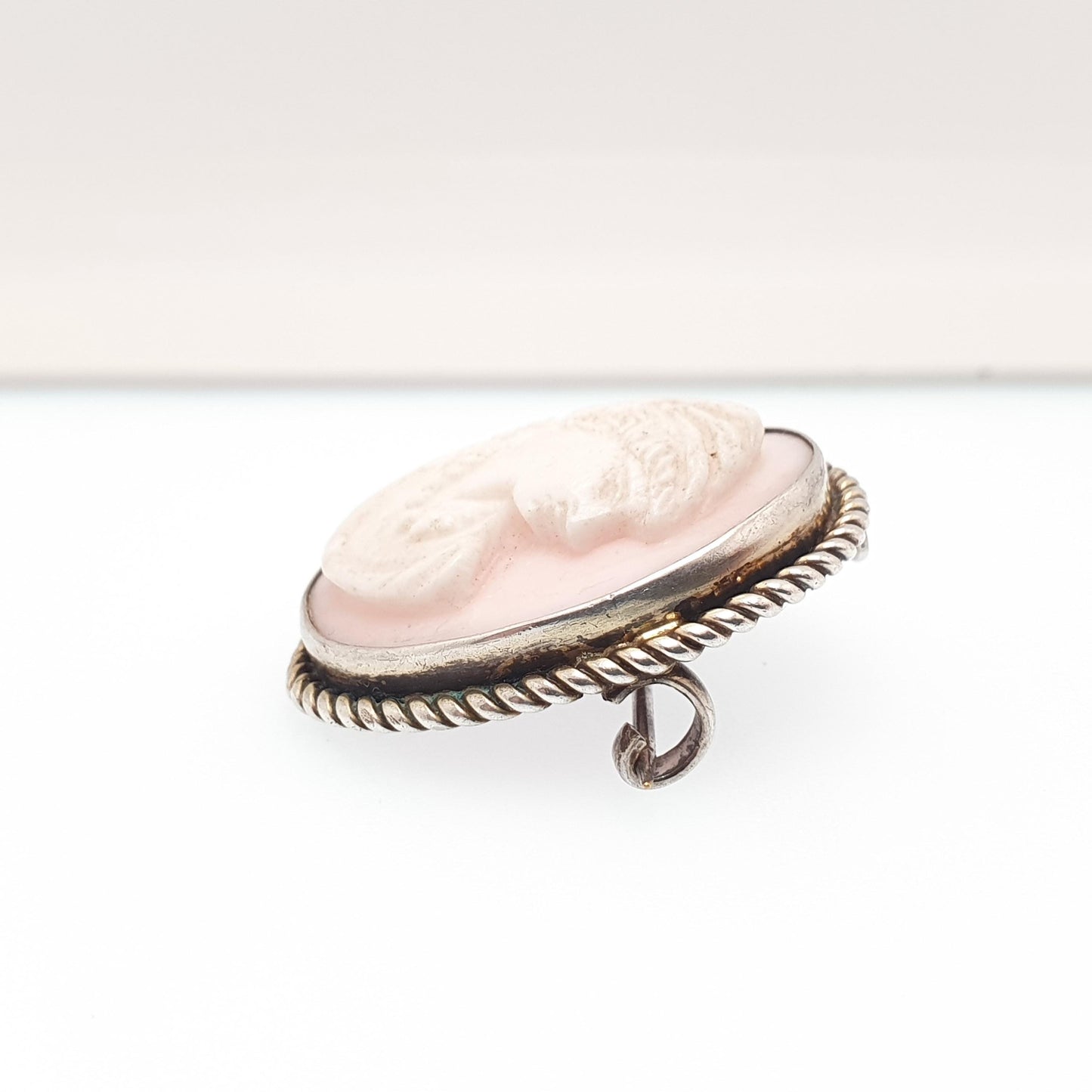 Antique Victorian Cameo Solid Silver Brooch Pink Conch Shell High Relief Large Big Vintage Rope Handmade 1800s Womens Jewelry Jewellery
