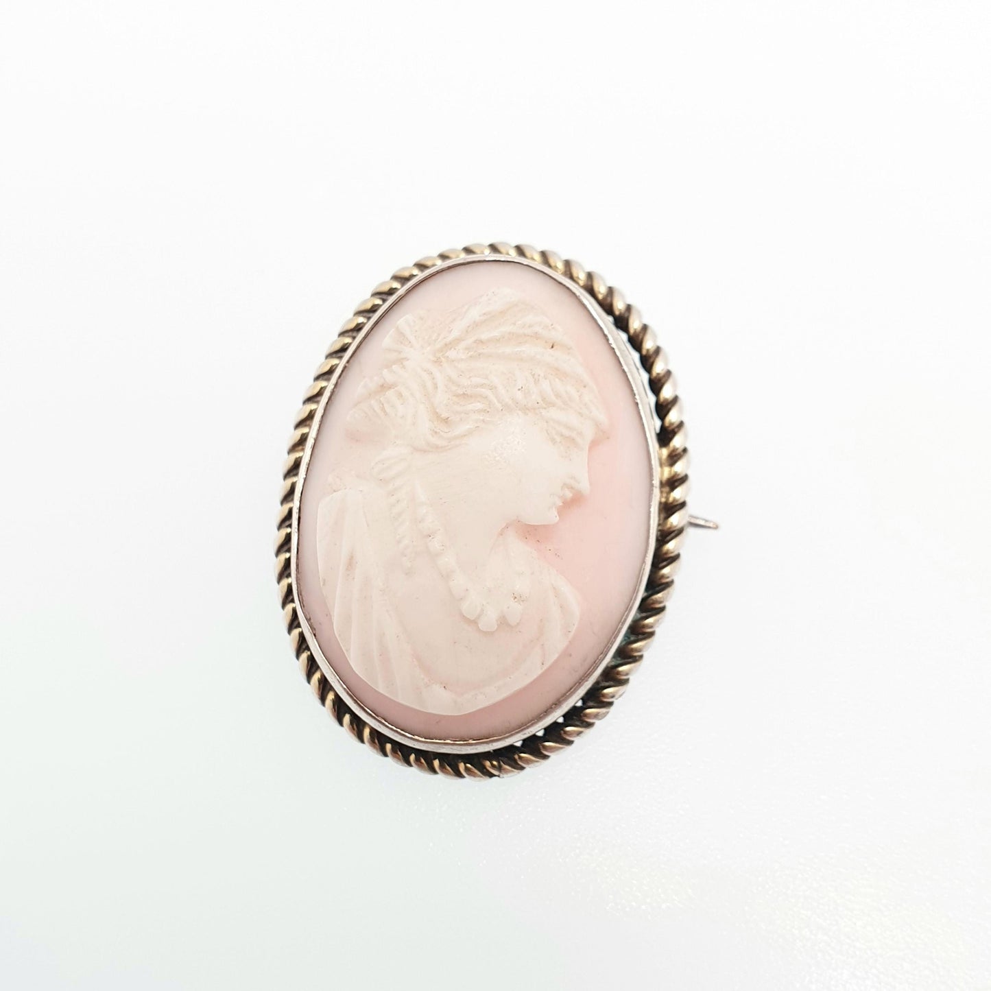 Antique Victorian Cameo Solid Silver Brooch Pink Conch Shell High Relief Large Big Vintage Rope Handmade 1800s Womens Jewelry Jewellery