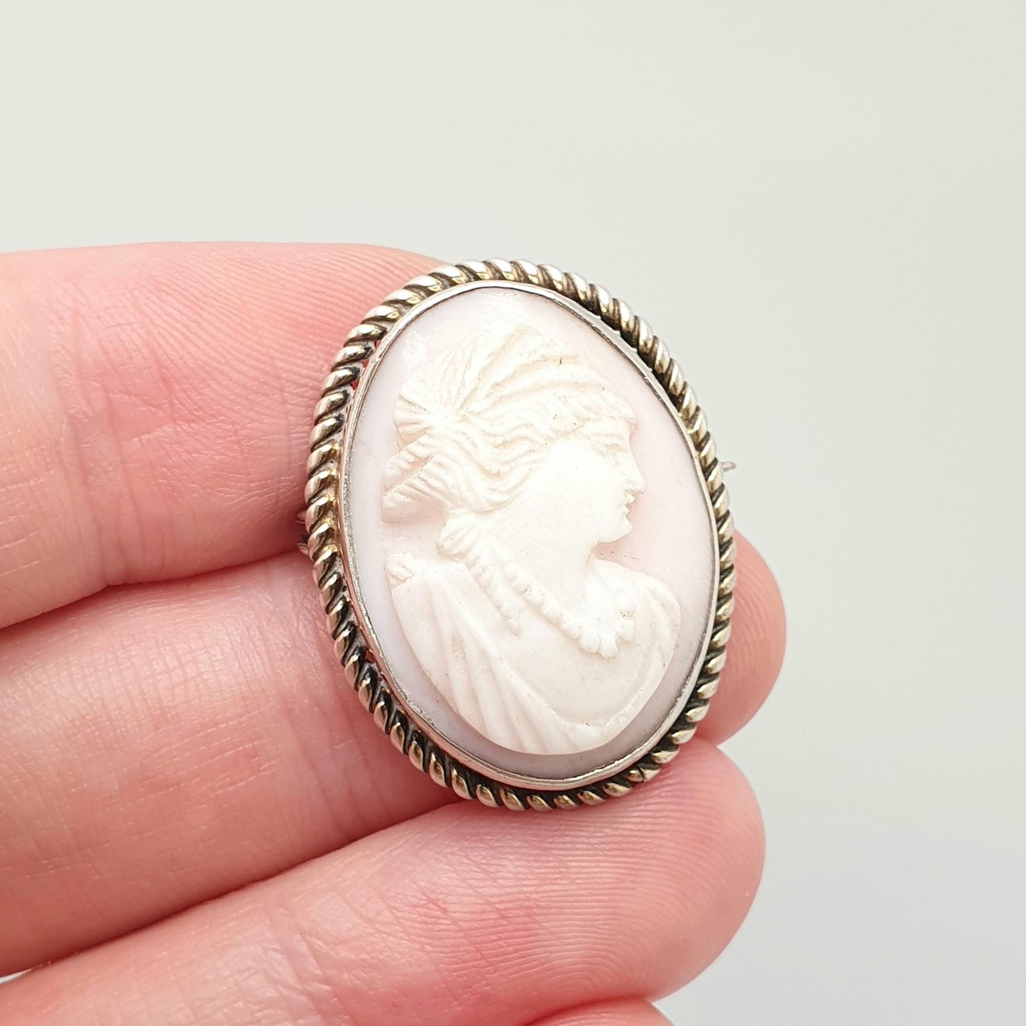 Antique Victorian Cameo Solid Silver Brooch Pink Conch Shell High Relief Large Big Vintage Rope Handmade 1800s Womens Jewelry Jewellery