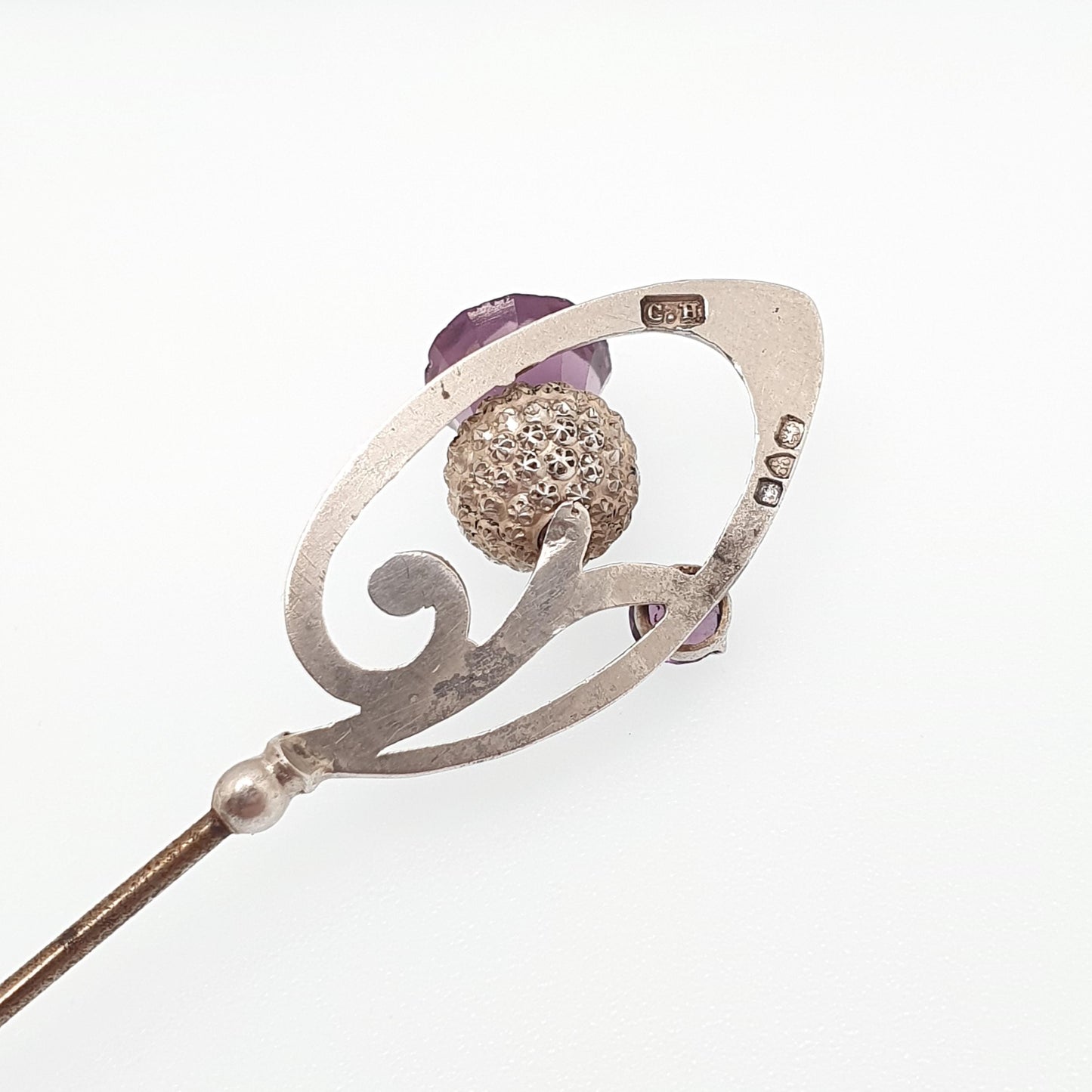 RESERVED/SOLD DON Antique Charles Horner Sterling Silver Thistle Stick Pin Lapel Amethyst Paste Ch Knot Scottish Hat Vintage