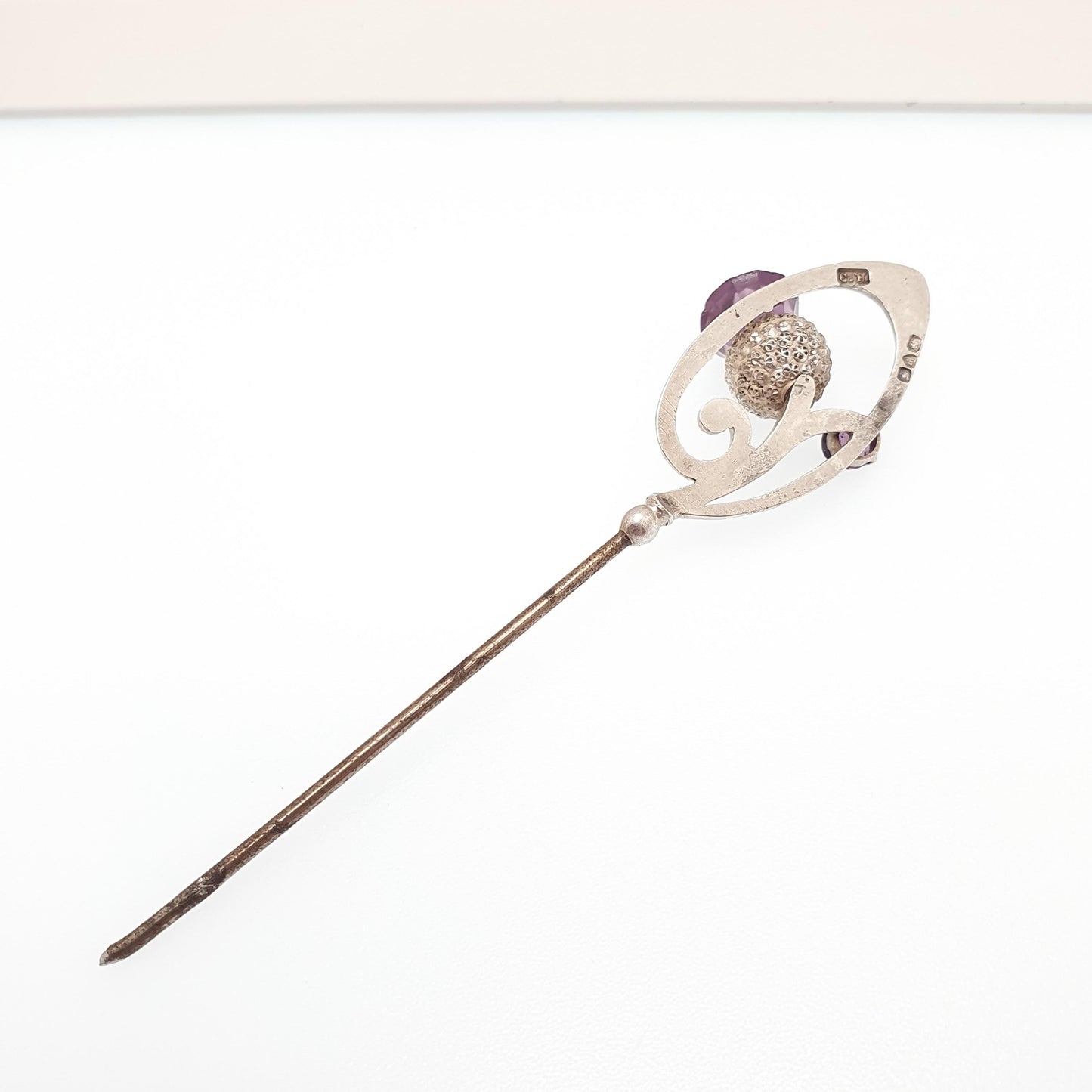 RESERVED/SOLD DON Antique Charles Horner Sterling Silver Thistle Stick Pin Lapel Amethyst Paste Ch Knot Scottish Hat Vintage