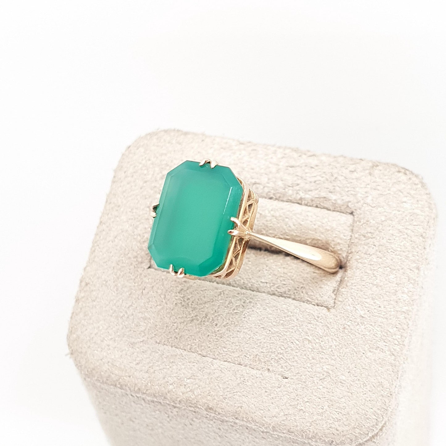 Antique 9ct Solid Gold Chrysoprase Ring Art Deco Solitaire Solid 9k 375 Rectangular Green Real Gemstone Womens Vintage Jewelry Jewellery