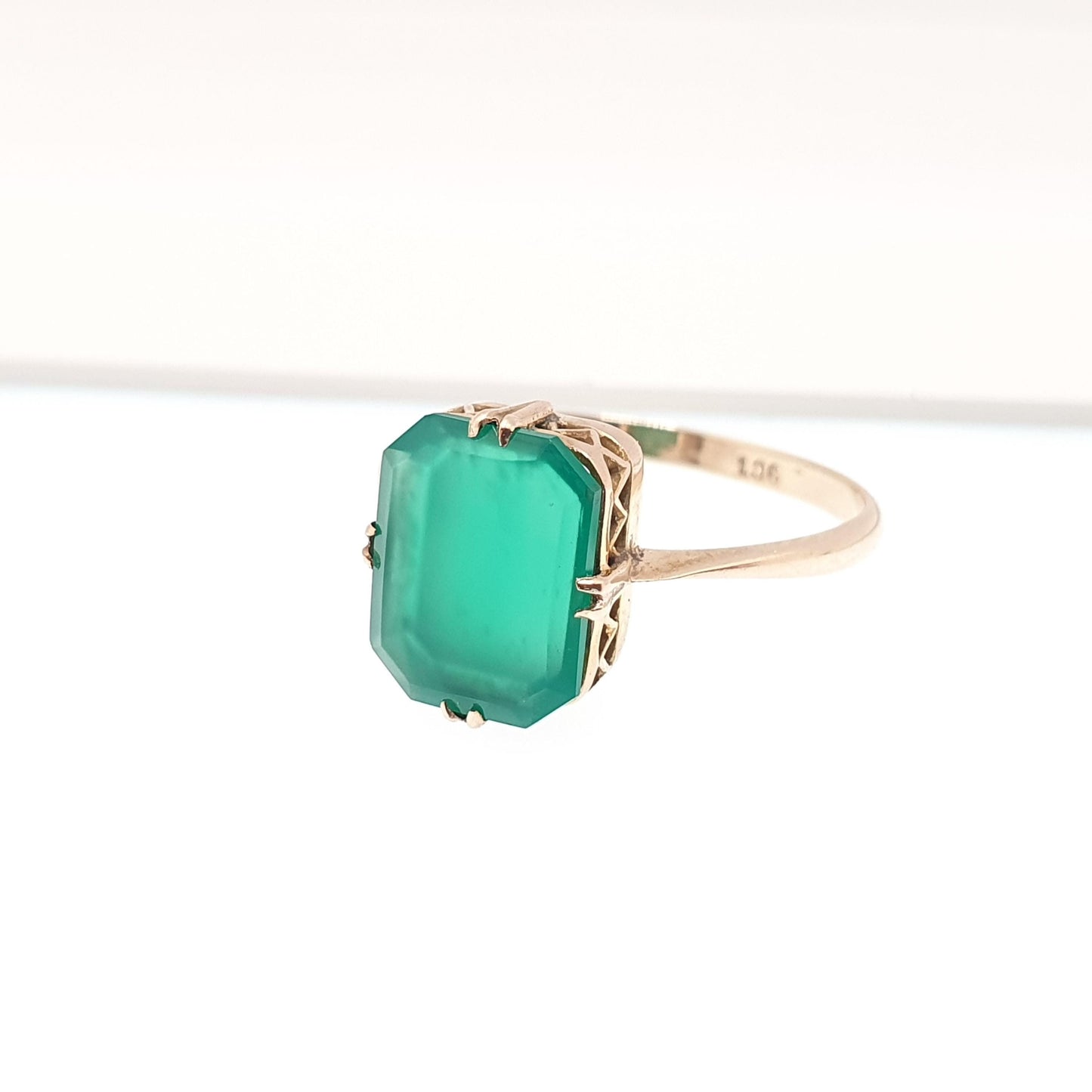 Antique 9ct Solid Gold Chrysoprase Ring Art Deco Solitaire Solid 9k 375 Rectangular Green Real Gemstone Womens Vintage Jewelry Jewellery