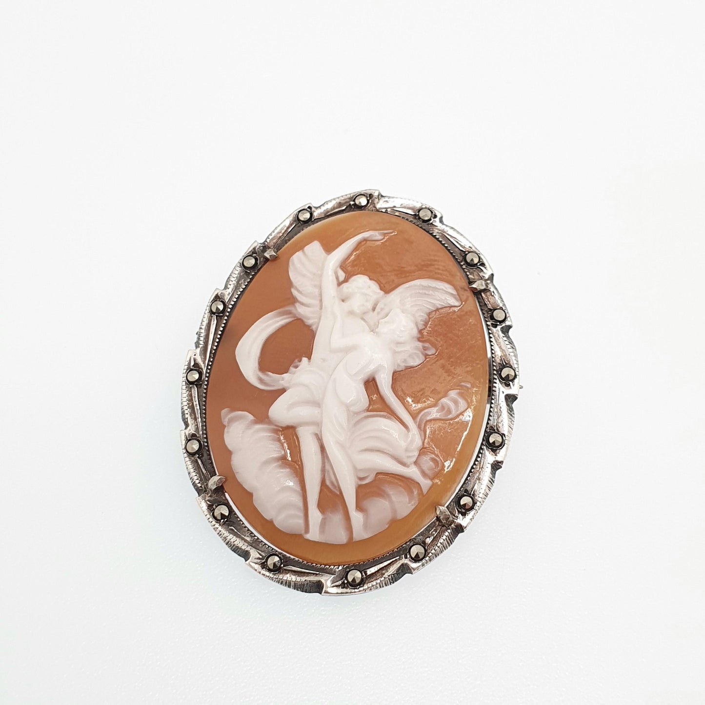 Antique Solid Silver Angel Grace Cameo Brooch Pendant Marcasite Art Deco Shell Hand Carved Necklace Vintage Jewelry Jewellery Jewelry