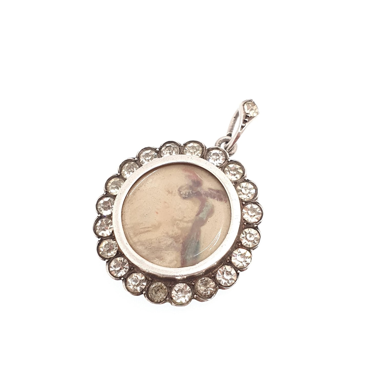 Antique Diamond Paste Solid Silver Locket Pendant Edwardian Necklace Hand Painted Picture Painting Womens Vintage Fine Jewelry Jewellery