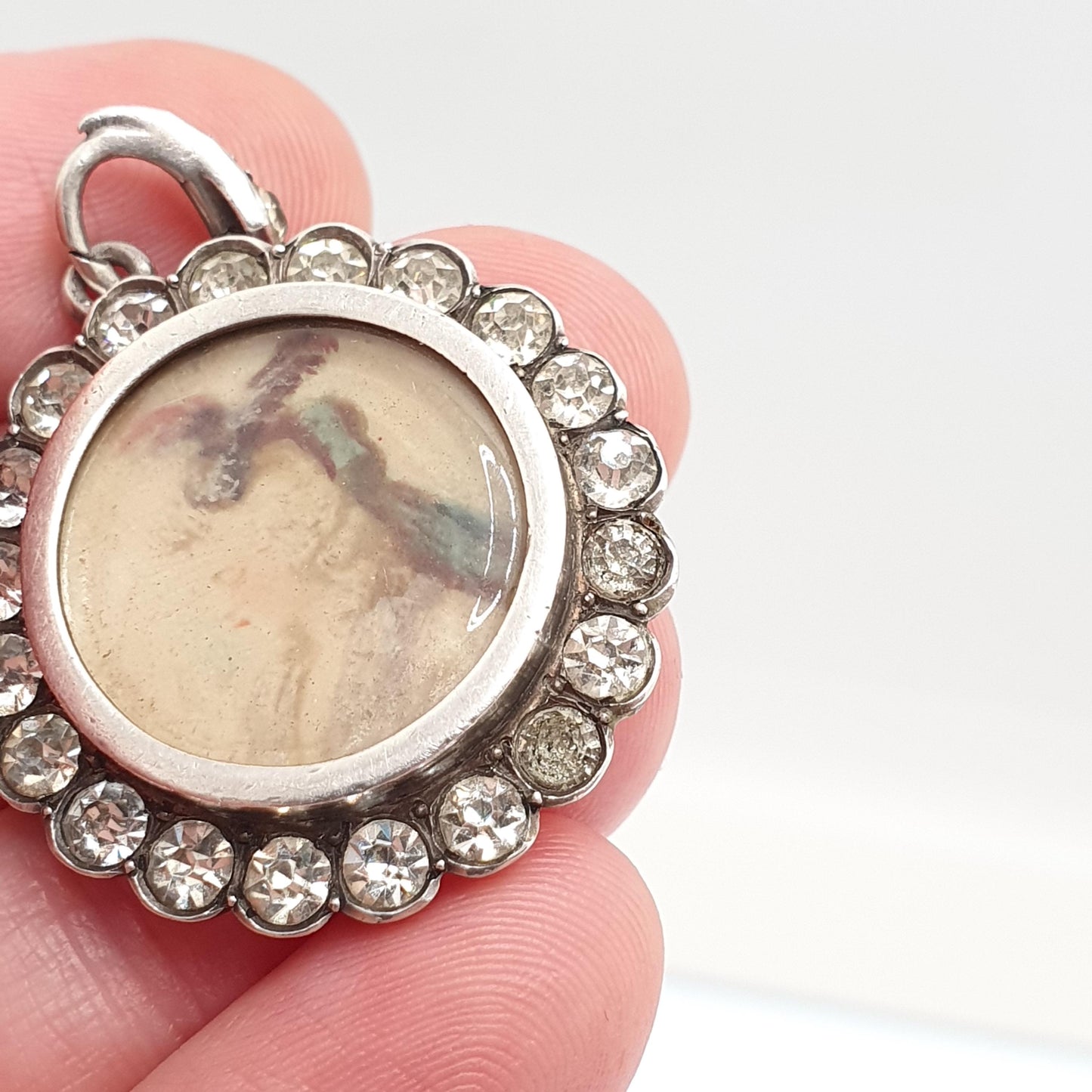 Antique Diamond Paste Solid Silver Locket Pendant Edwardian Necklace Hand Painted Picture Painting Womens Vintage Fine Jewelry Jewellery