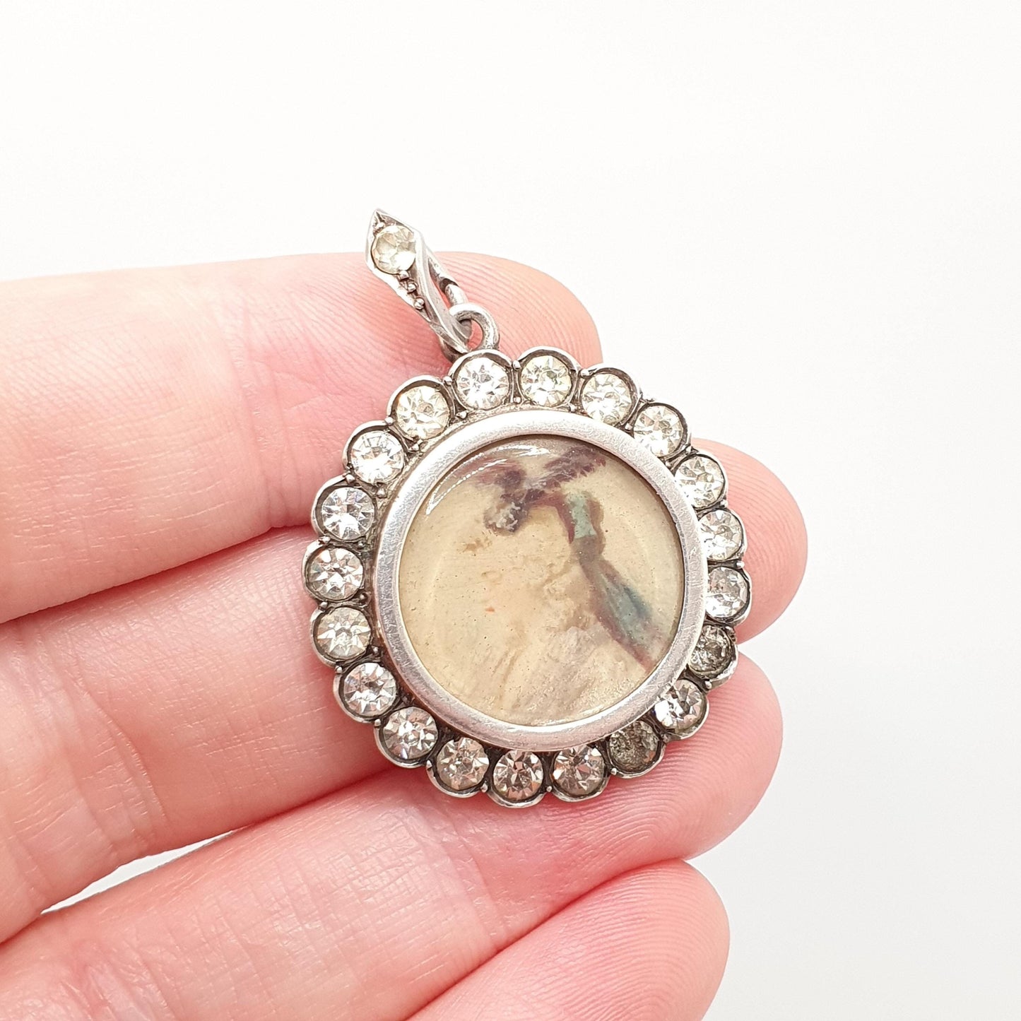 Antique Diamond Paste Solid Silver Locket Pendant Edwardian Necklace Hand Painted Picture Painting Womens Vintage Fine Jewelry Jewellery