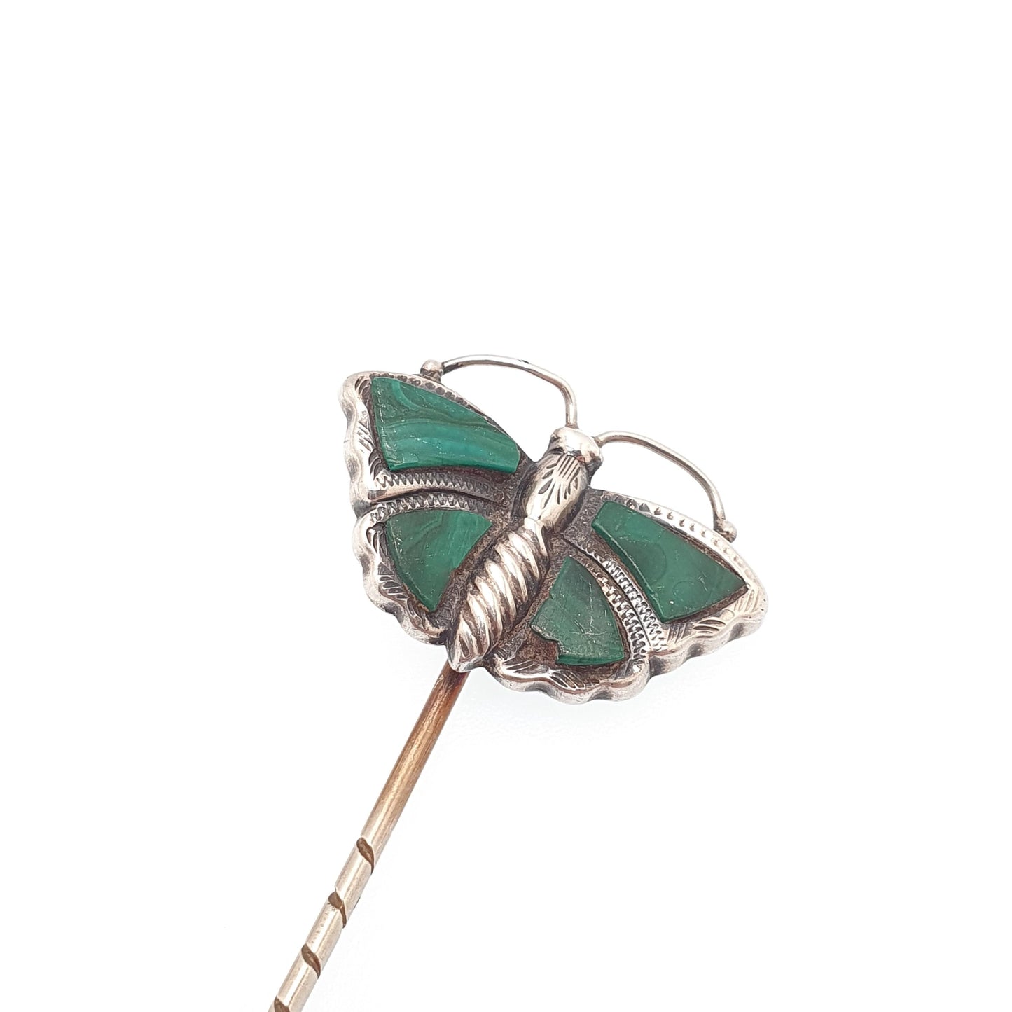 Antique Solid Silver Butterfly Malachite Stick Pin Victorian Scottish Insect Bug Genuine Vintage Lapel Jacket Gents Mens Jewelry Jewellery