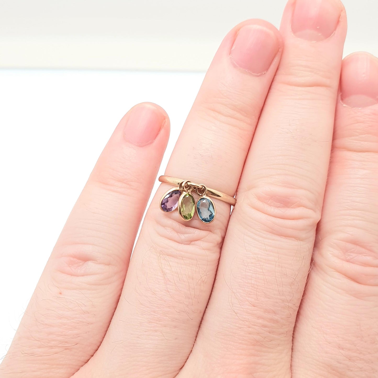 Solid 9ct Gold Olivine Peridot Ring Amethyst Blue Topaz Vintage Hanging Dangling Stacker Genuine Gemstone Drop Retro Jewelry Jewellery