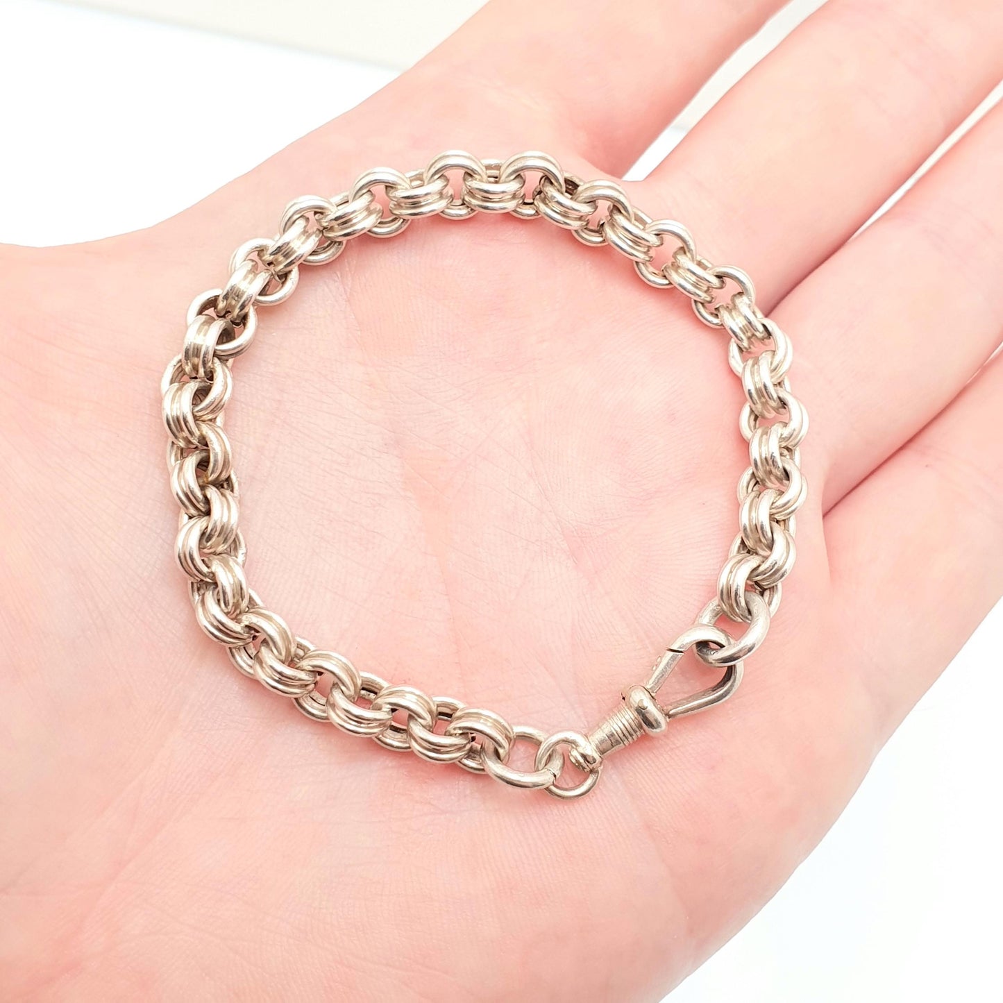 Antique Victorian Solid Silver Belcher Link Bracelet Dog Clip Large Rolo 7.96g 18.5cm Guard Round Big Albert Chain Womens Jewelry Jewellery