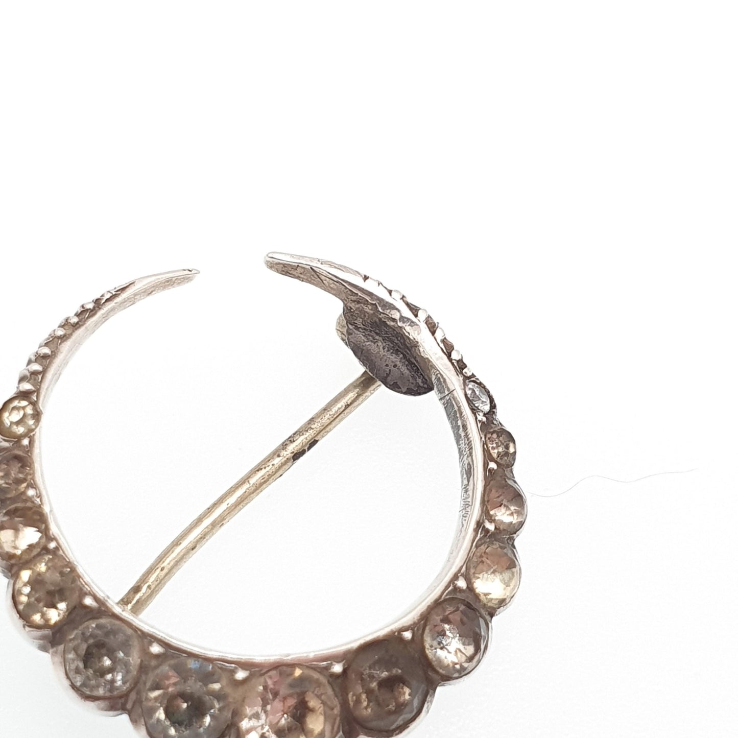 Antique Victorian Solid Silver Crescent Moon Diamond Paste Brooch Pin Cute Vintage 1800s Gift Unique Celestial Womens Jewelry Jewellery