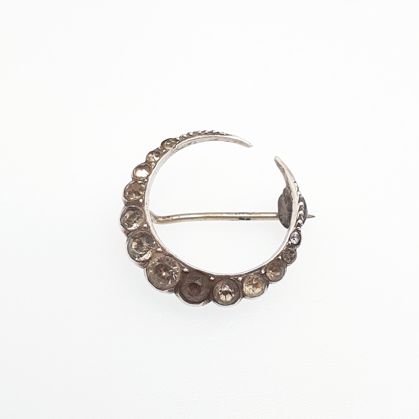 Antique Victorian Solid Silver Crescent Moon Diamond Paste Brooch Pin Cute Vintage 1800s Gift Unique Celestial Womens Jewelry Jewellery