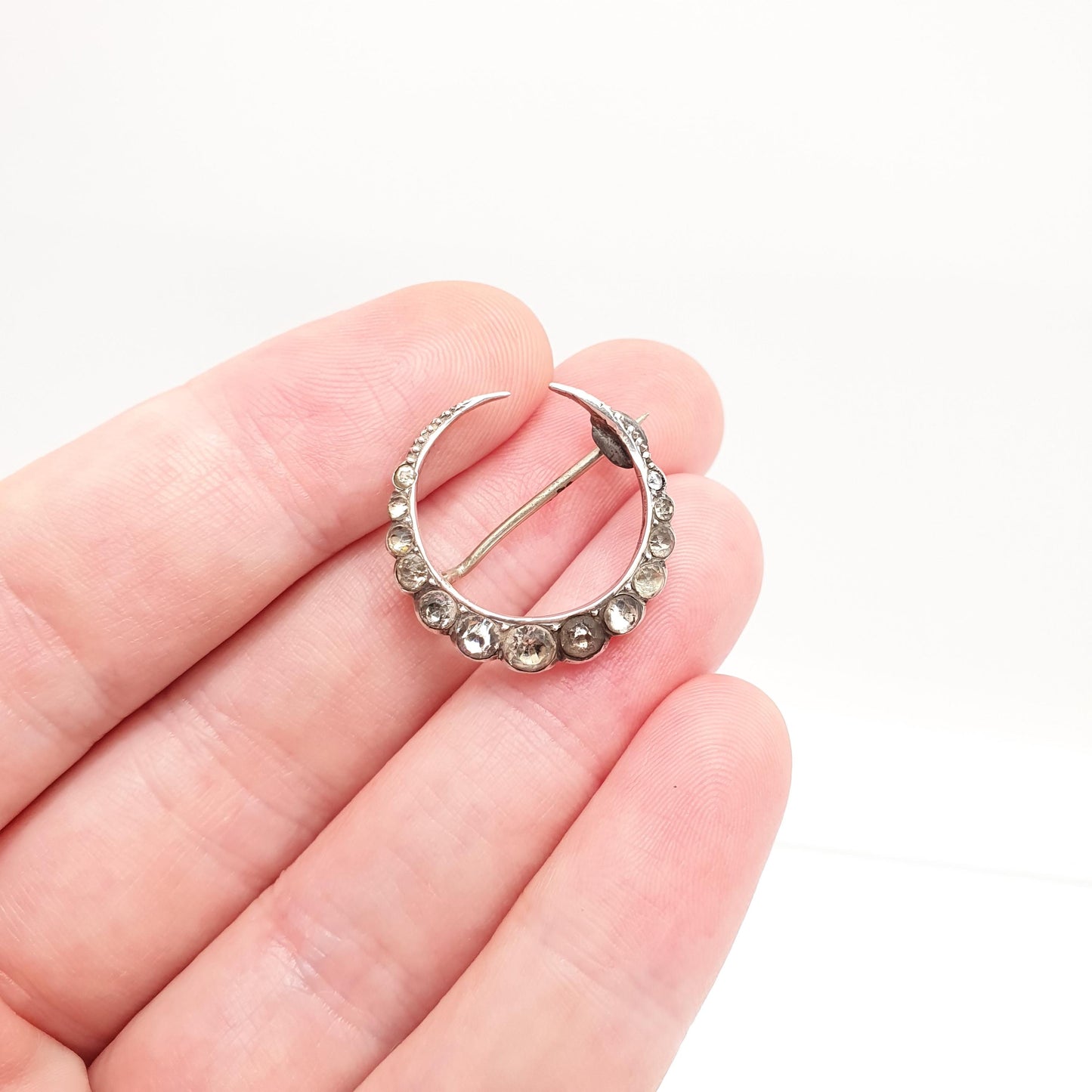 Antique Victorian Solid Silver Crescent Moon Diamond Paste Brooch Pin Cute Vintage 1800s Gift Unique Celestial Womens Jewelry Jewellery