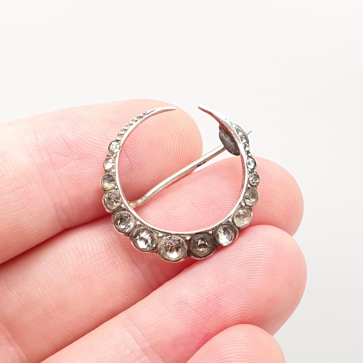 Antique Victorian Solid Silver Crescent Moon Diamond Paste Brooch Pin Cute Vintage 1800s Gift Unique Celestial Womens Jewelry Jewellery