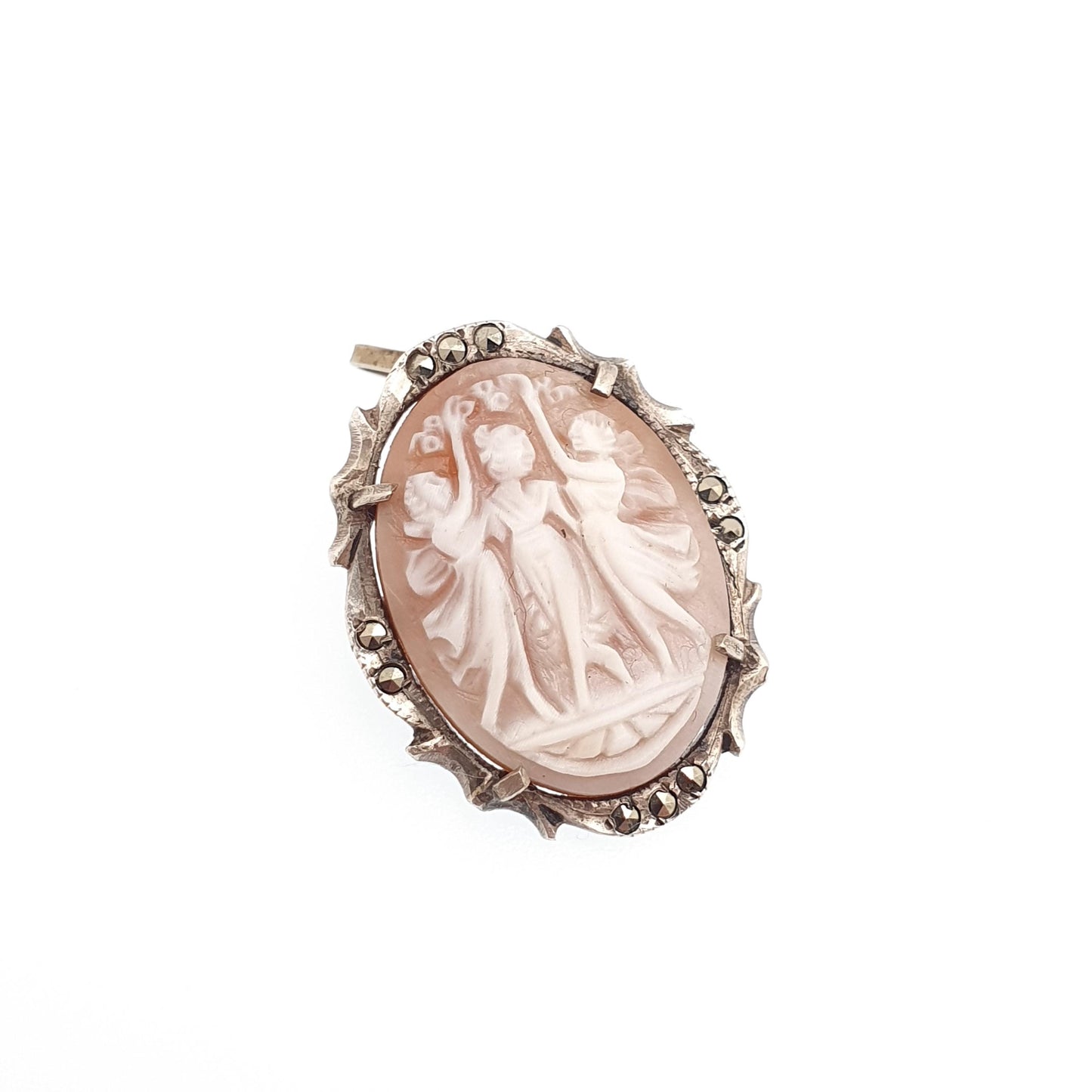 Antique Solid Silver Three Graces Cameo Brooch Pin Marcasite Art Deco Shell Hand Carved Italian Vintage 1920s Jewelry Jewellery Jewelry
