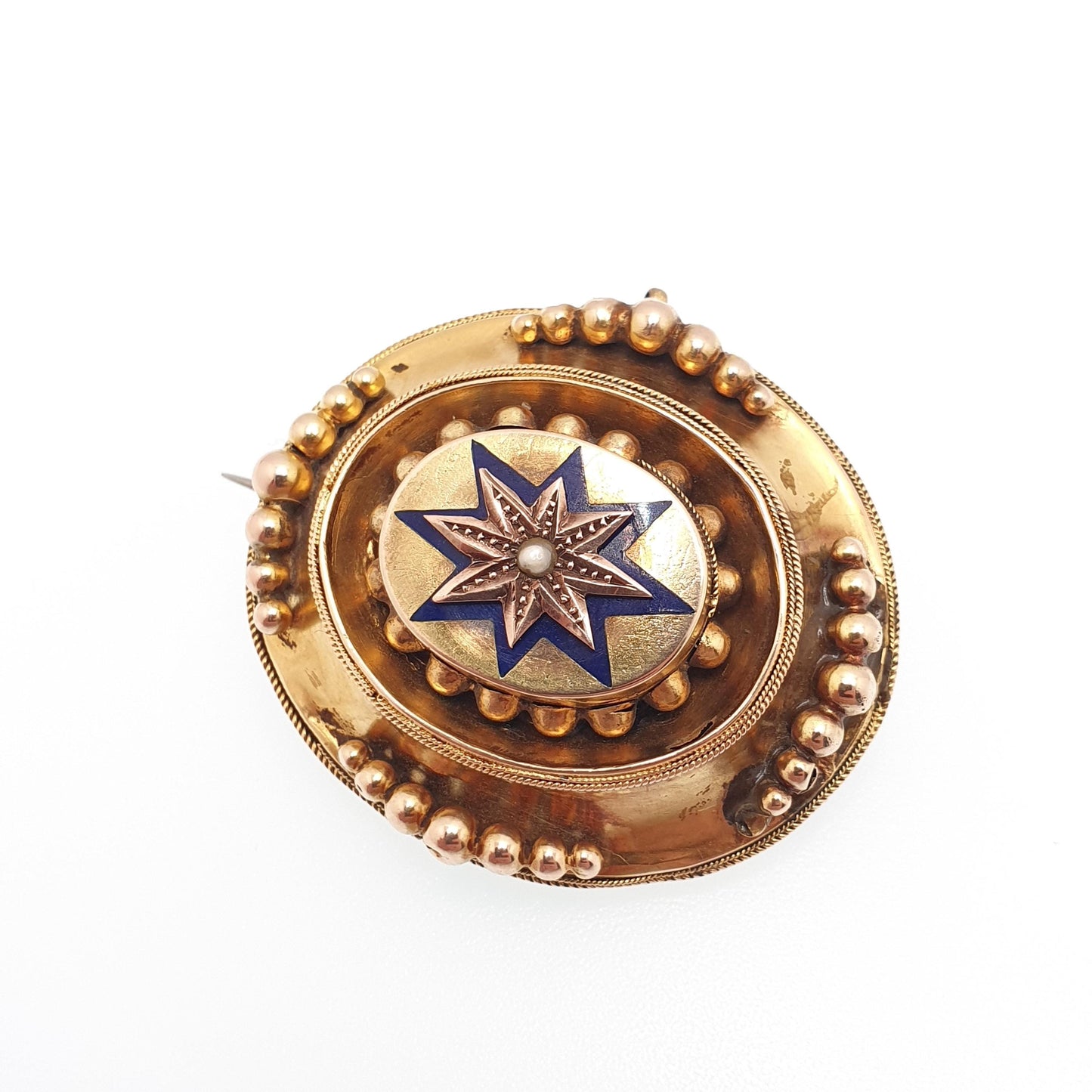 Antique Victorian 9ct Gold Brooch Star Blue Enamel Mourning Locket Solid 375 9k Seed Pearl Etruscan Revival Vintage Womens Jewelry Jewellery