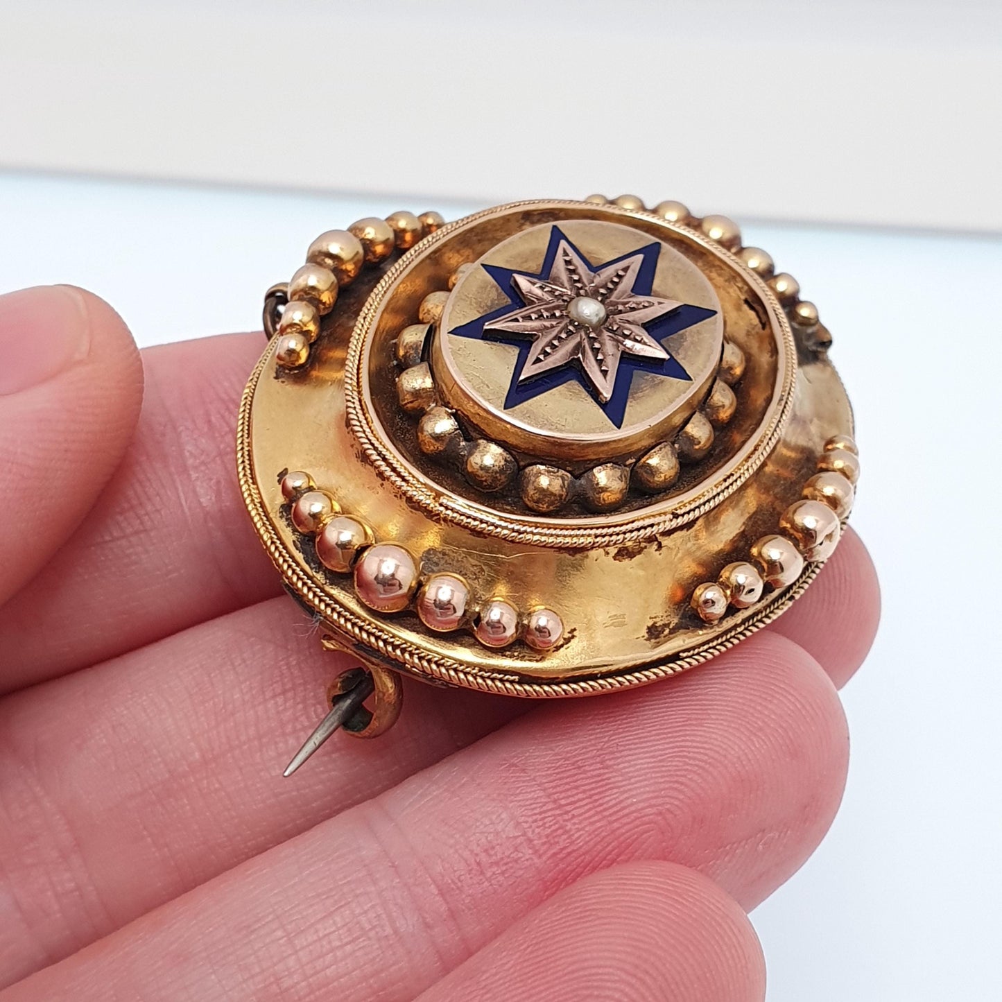 Antique Victorian 9ct Gold Brooch Star Blue Enamel Mourning Locket Solid 375 9k Seed Pearl Etruscan Revival Vintage Womens Jewelry Jewellery