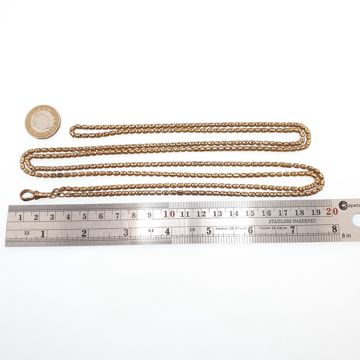 Antique Victorian Muff Chain Necklace Popcorn Link Rolled Gold Filled Dog Clip Very Long 142cm 20.34g 1800s Guard Vintage Womens Jewelry