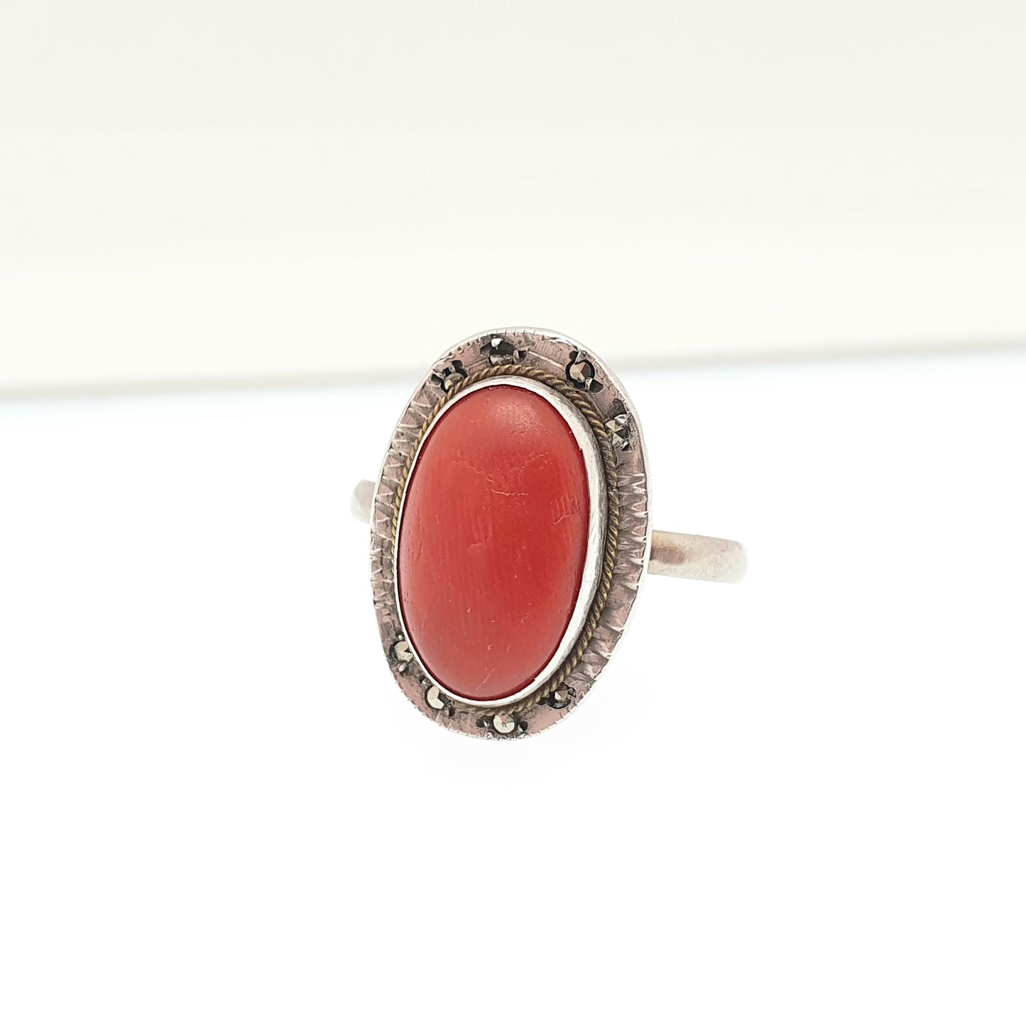 Antique Red Coral Solid Silver Ring Art Deco Genuine Marcasite Cabochon Vintage 1920s Cocktail Womens Vintage Ladies Jewelry Jewellery