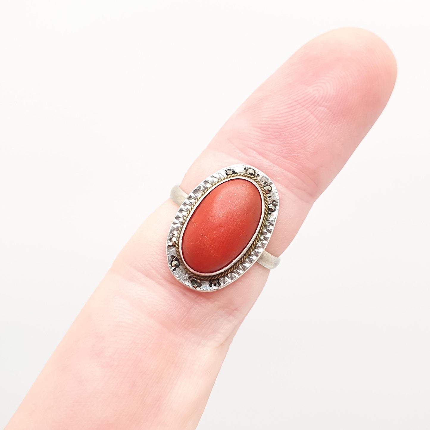 Antique Red Coral Solid Silver Ring Art Deco Genuine Marcasite Cabochon Vintage 1920s Cocktail Womens Vintage Ladies Jewelry Jewellery