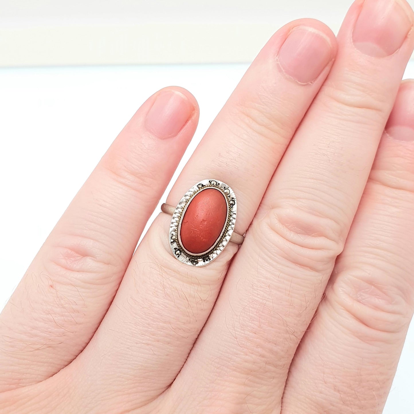 Antique Red Coral Solid Silver Ring Art Deco Genuine Marcasite Cabochon Vintage 1920s Cocktail Womens Vintage Ladies Jewelry Jewellery