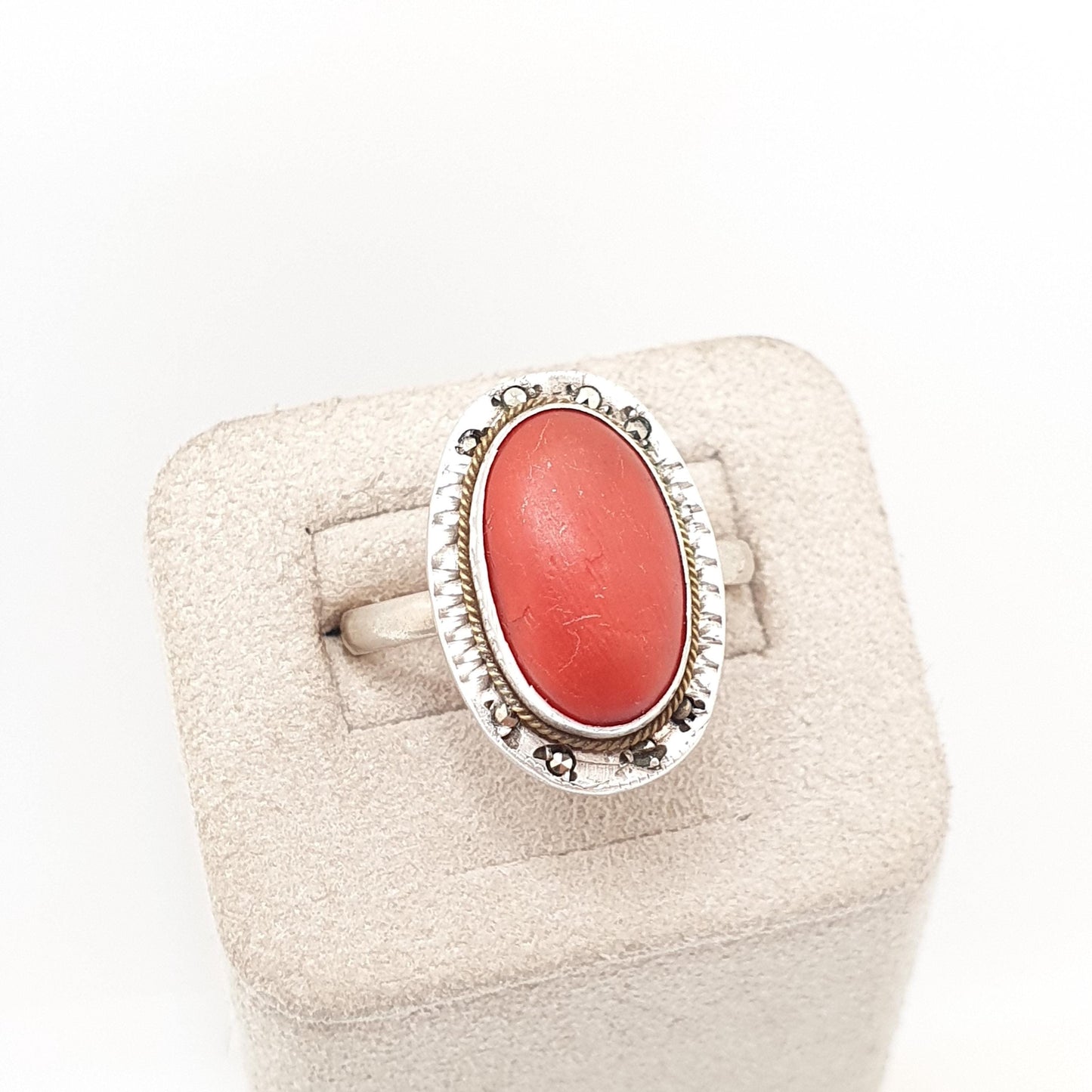 Antique Red Coral Solid Silver Ring Art Deco Genuine Marcasite Cabochon Vintage 1920s Cocktail Womens Vintage Ladies Jewelry Jewellery