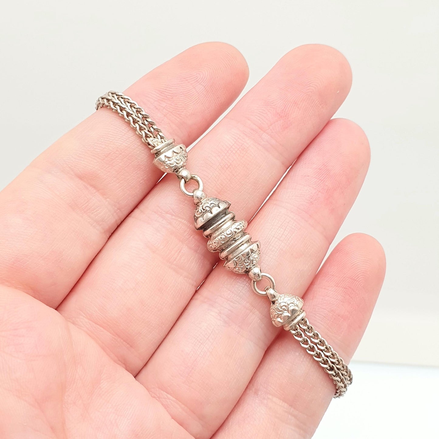 Antique Solid Silver Albertina Bracelet Victorian Foxtail Link Engraved Chain 7.73g 19.5cm Aesthetic Vintage Gift Womens Jewelry Jewellery