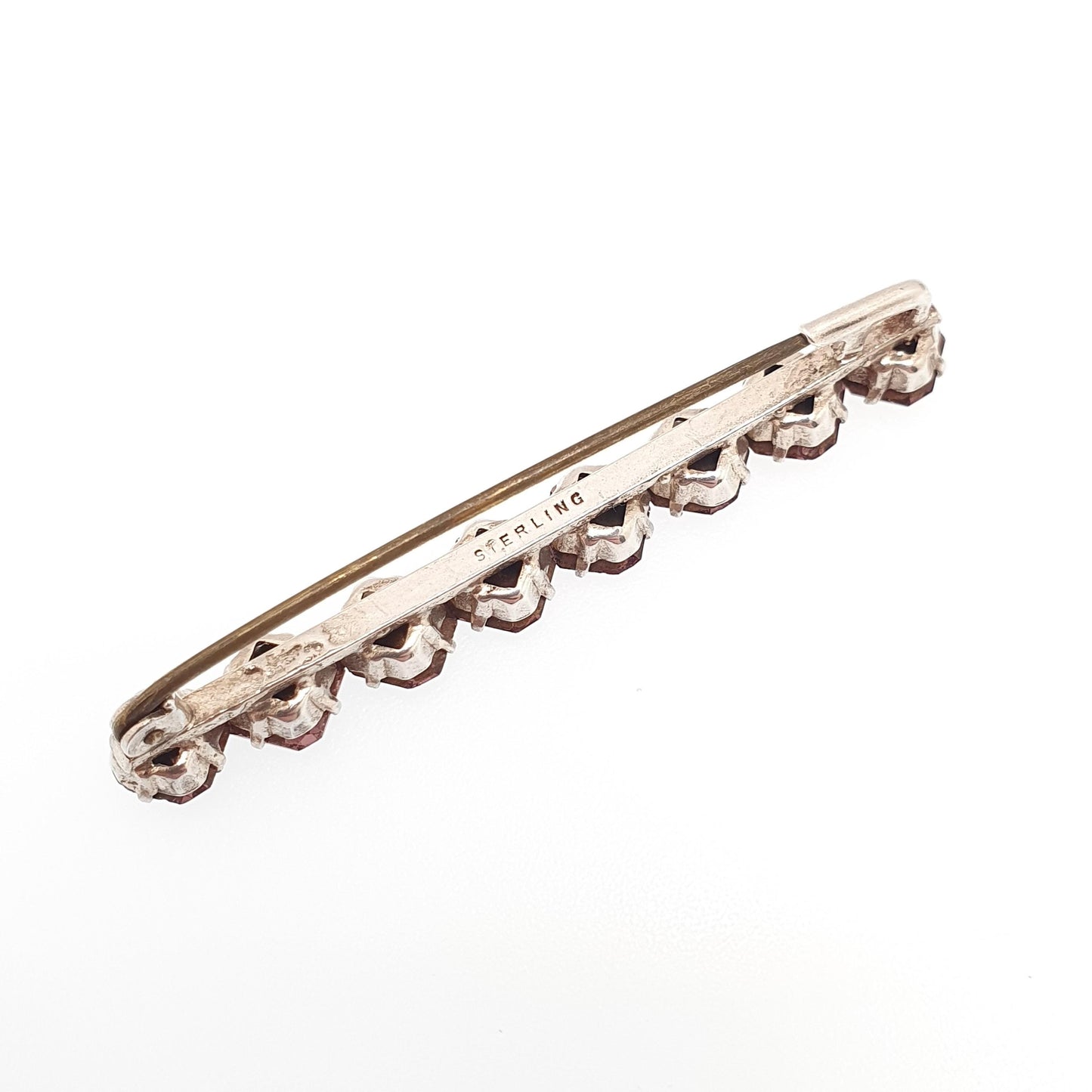 Antique Art Deco Sterling Silver Brooch Pink Purple Paste Square Cut Bar Pin 1920s Sparkly Amethyst Tone Vintage Womens Jewelry Jewellery