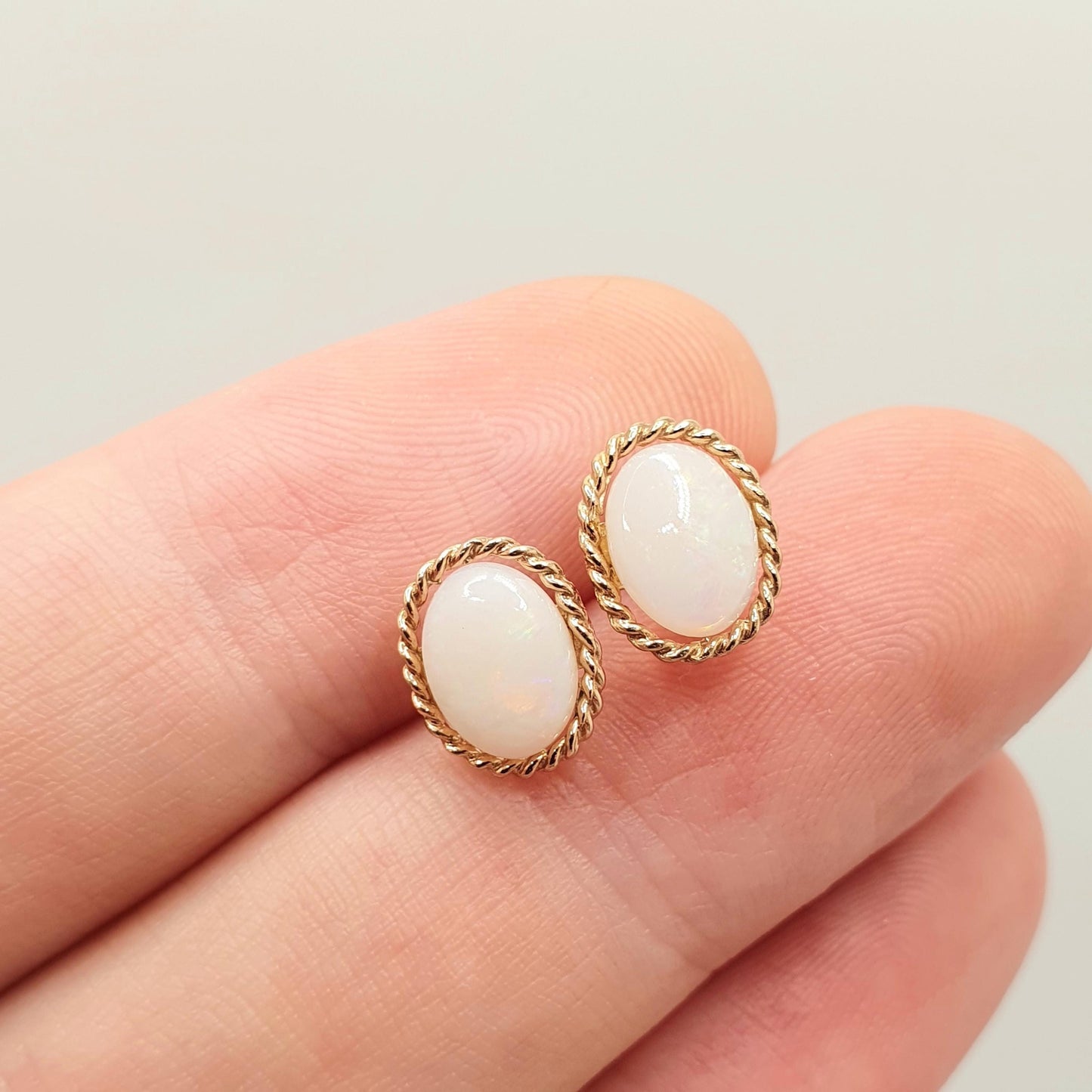 Vintage Opal 9k 9ct Gold Stud Earrings Solid 9 Carat 375 Fire White Large Oval Cut Cabochon Retro Gemstone Womens Ladies Jewelry Jewellery
