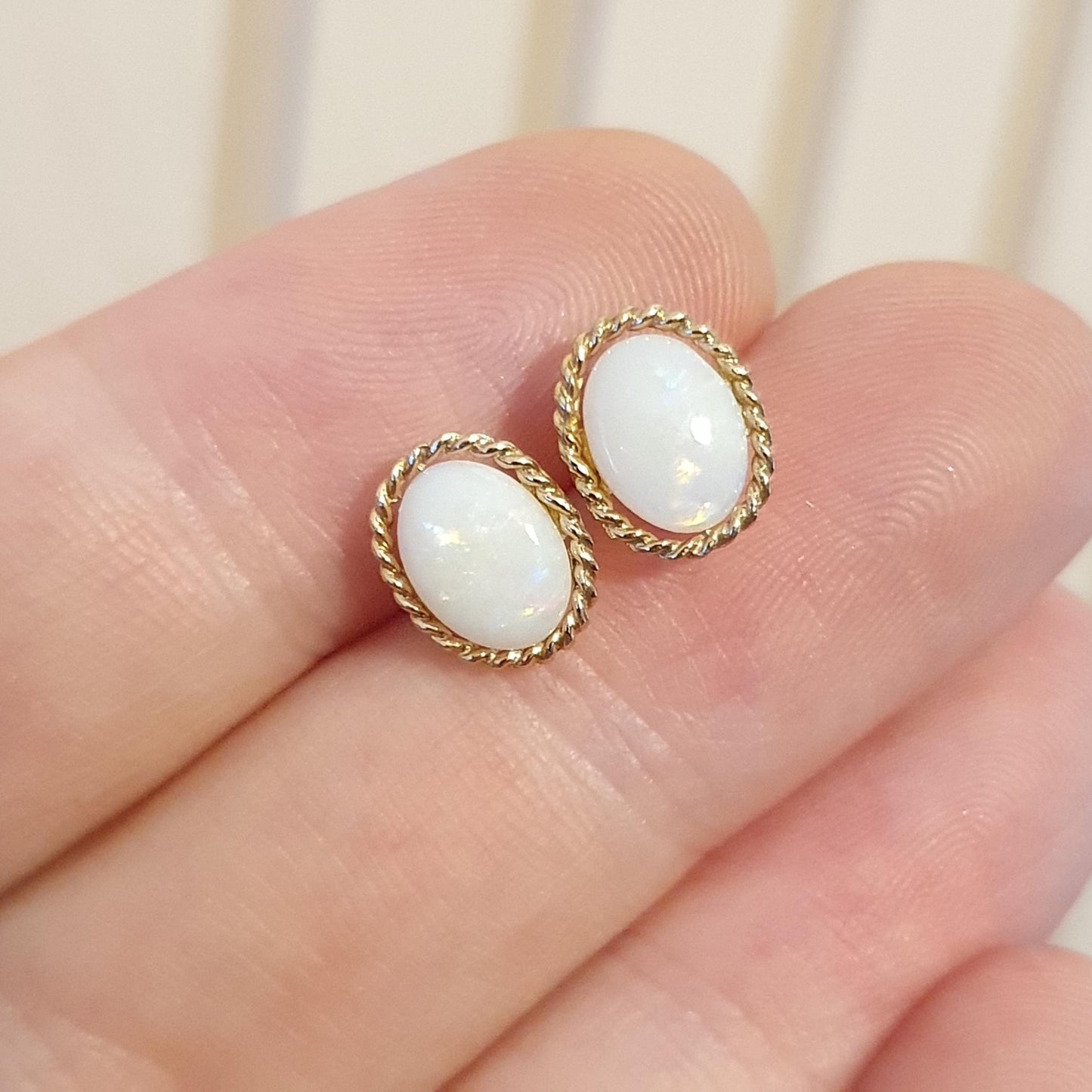 Vintage Opal 9k 9ct Gold Stud Earrings Solid 9 Carat 375 Fire White Large Oval Cut Cabochon Retro Gemstone Womens Ladies Jewelry Jewellery