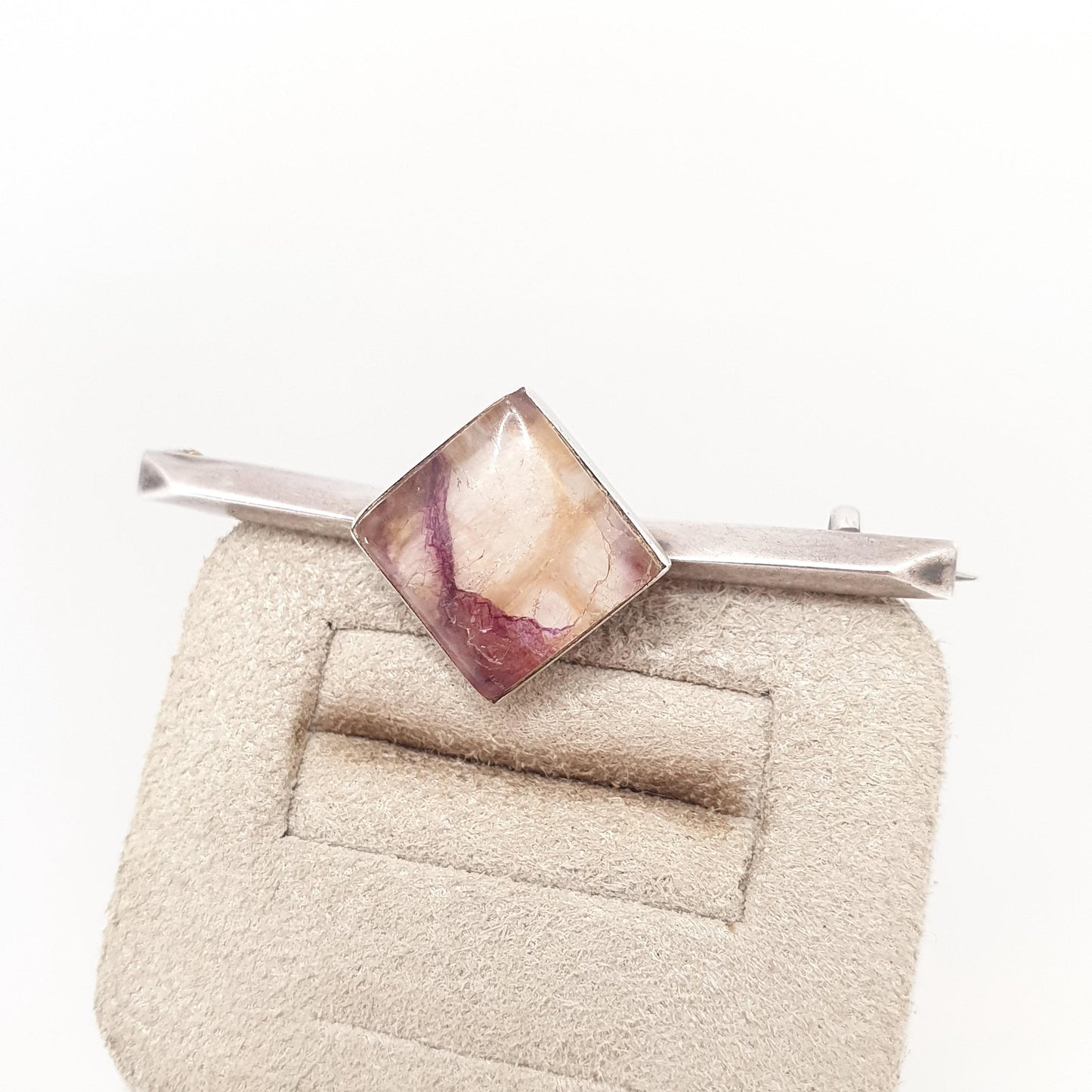 Antique Blue John Sterling Silver Brooch Pin Art Deco 1920s Genuine Real Gemstone Bleu Jaune Square Cut Vintage Womens Jewelry Jewellery
