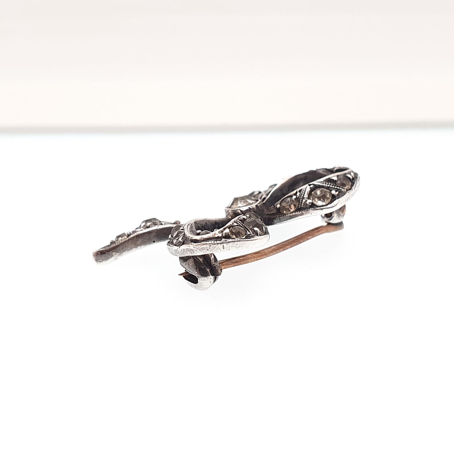 Antique Art Deco Paste Sterling Silver Bow Brooch Ribbon Diamond Pastes Tiny Small 1920s Sweet Cute Quaint Womens Jewelry Jewellery Vintage