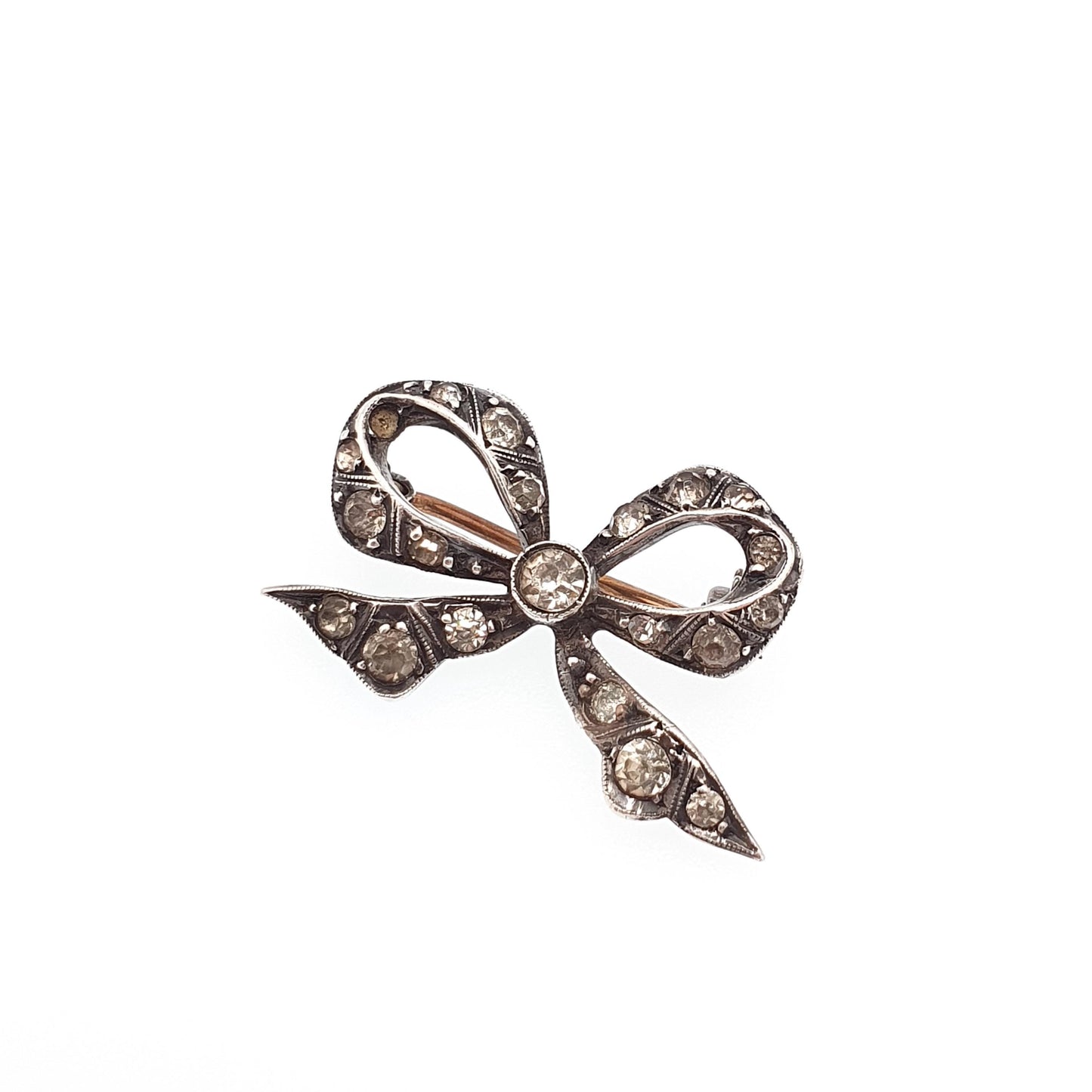 Antique Art Deco Paste Sterling Silver Bow Brooch Ribbon Diamond Pastes Tiny Small 1920s Sweet Cute Quaint Womens Jewelry Jewellery Vintage