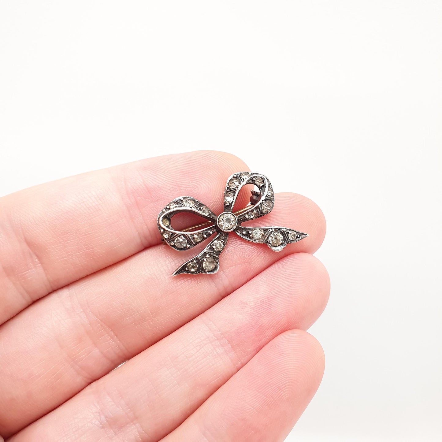 Antique Art Deco Paste Sterling Silver Bow Brooch Ribbon Diamond Pastes Tiny Small 1920s Sweet Cute Quaint Womens Jewelry Jewellery Vintage