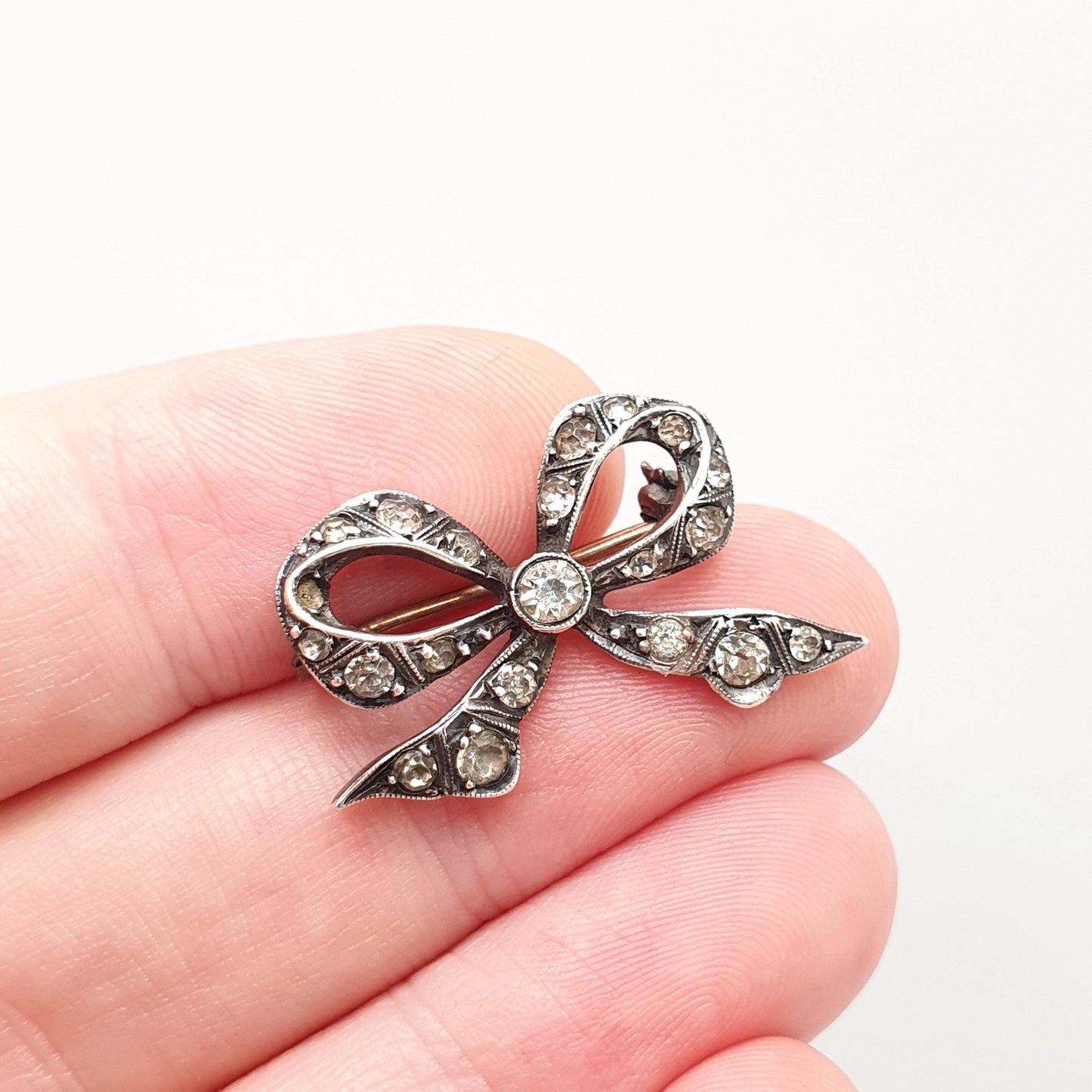 Antique Art Deco Paste Sterling Silver Bow Brooch Ribbon Diamond Pastes Tiny Small 1920s Sweet Cute Quaint Womens Jewelry Jewellery Vintage