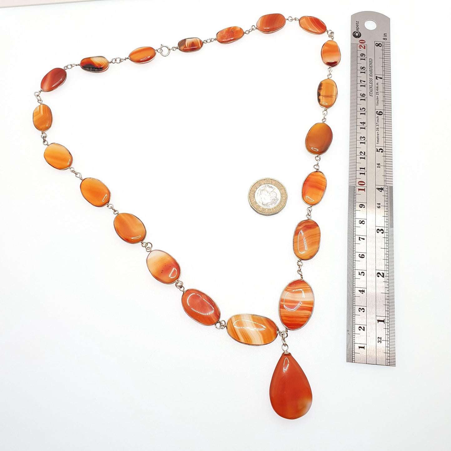 Antique Arts & Craft Carnelian Agate Necklace Y Pendant Lavalier Lavaliere Orange Quartz Lariat Silver Gemstone Women Gift Jewelry Jewellery