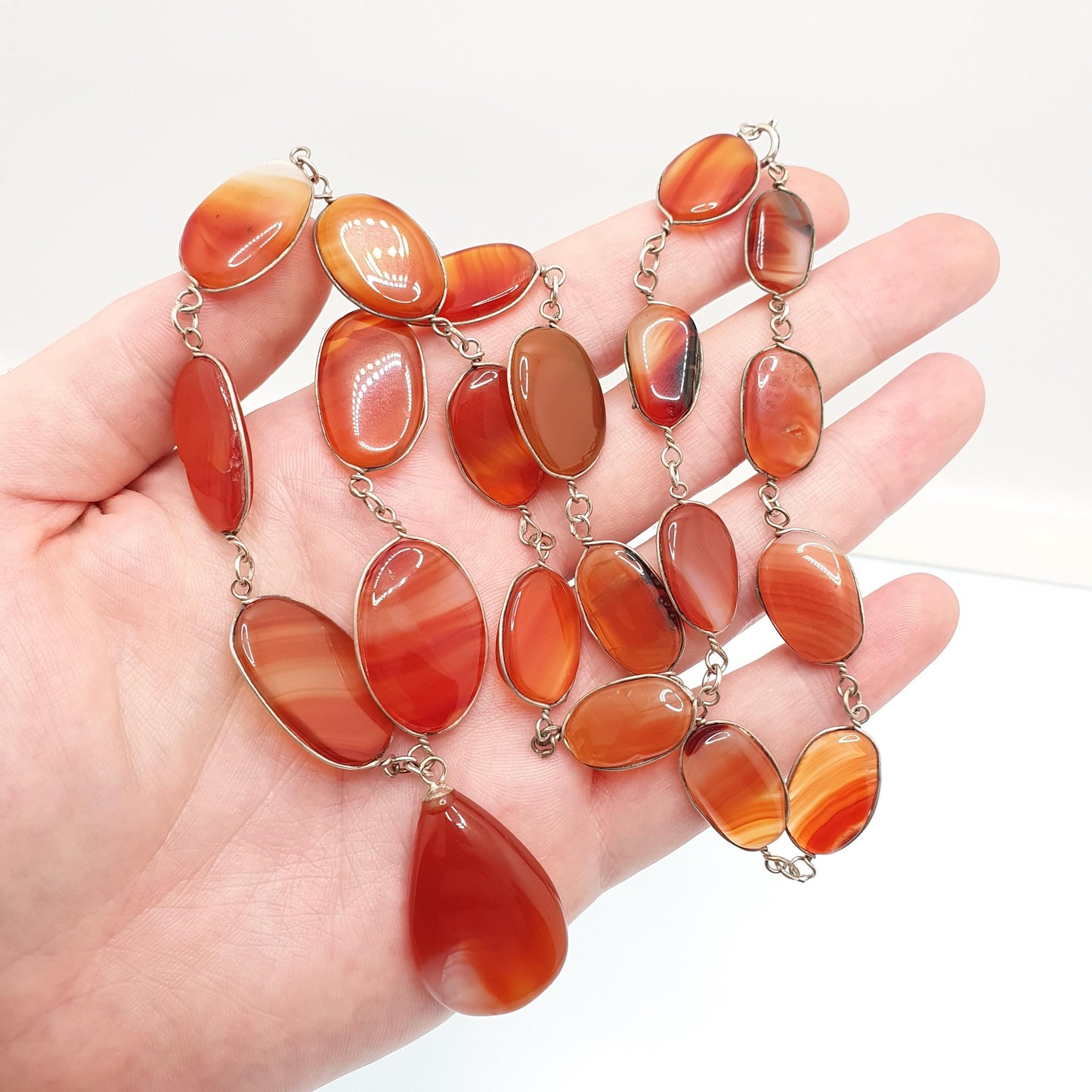 Antique Arts & Craft Carnelian Agate Necklace Y Pendant Lavalier Lavaliere Orange Quartz Lariat Silver Gemstone Women Gift Jewelry Jewellery