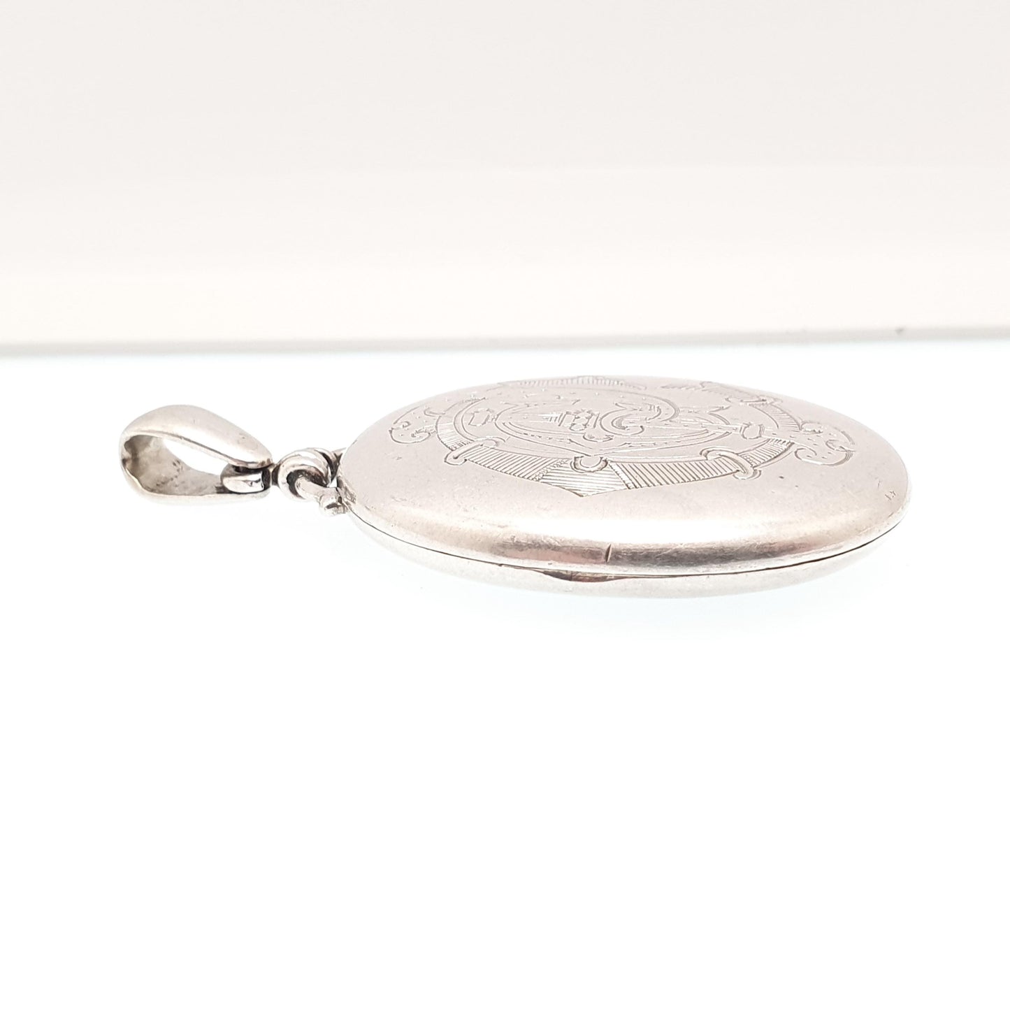 Antique Victorian Solid Silver Locket Monogram Engraved Large Big Oval Pendant Picture Photo 1800s Vintage Womens Jewelry Jewellery