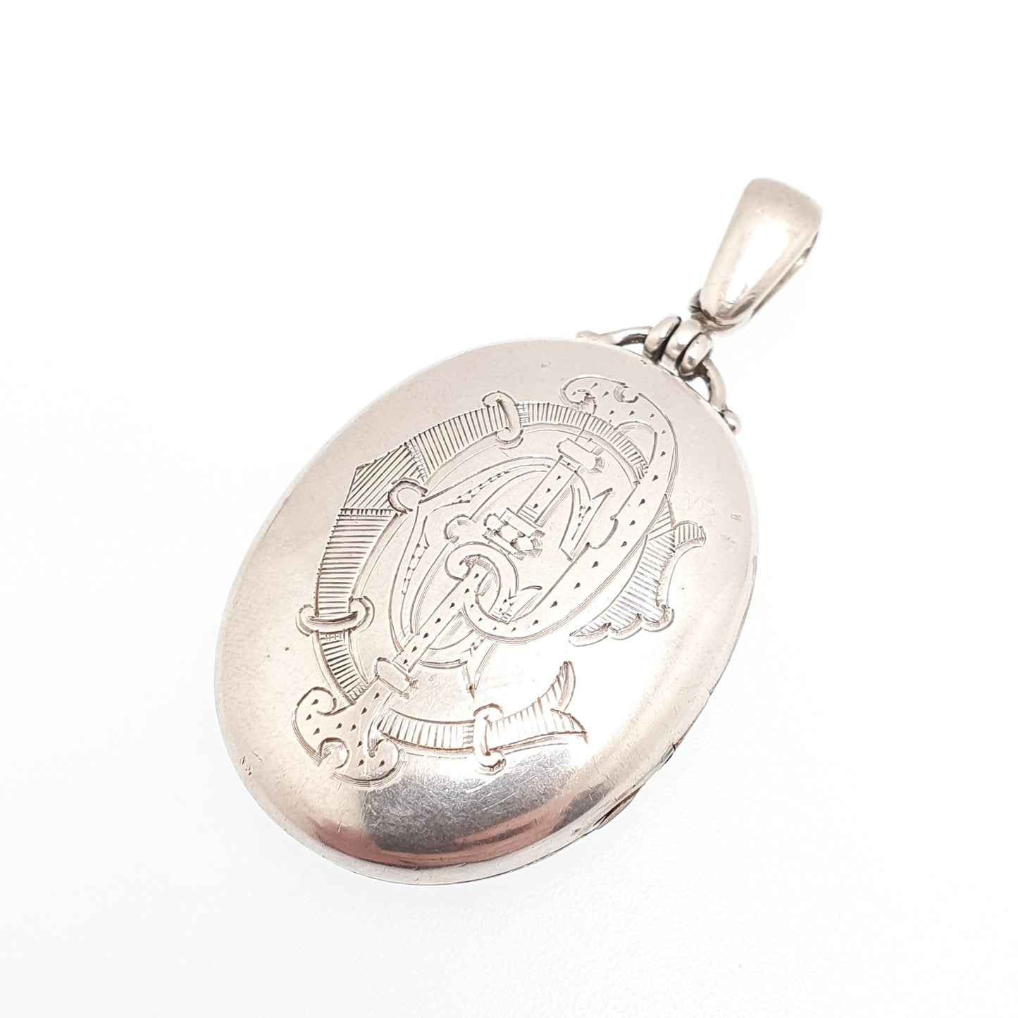 Antique Victorian Solid Silver Locket Monogram Engraved Large Big Oval Pendant Picture Photo 1800s Vintage Womens Jewelry Jewellery