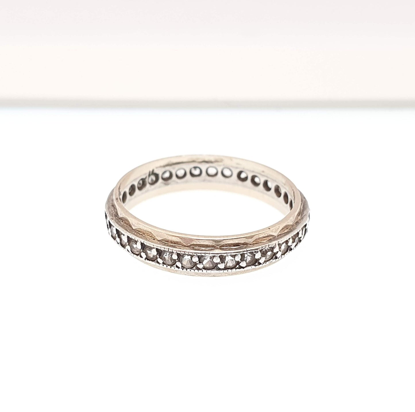 Old Vintage 9ct 9k Gold Sterling Silver Eternity Ring Diamond White Spinel Band Art Deco Sparkly Full 1950s Womens Jewelry Jewellery