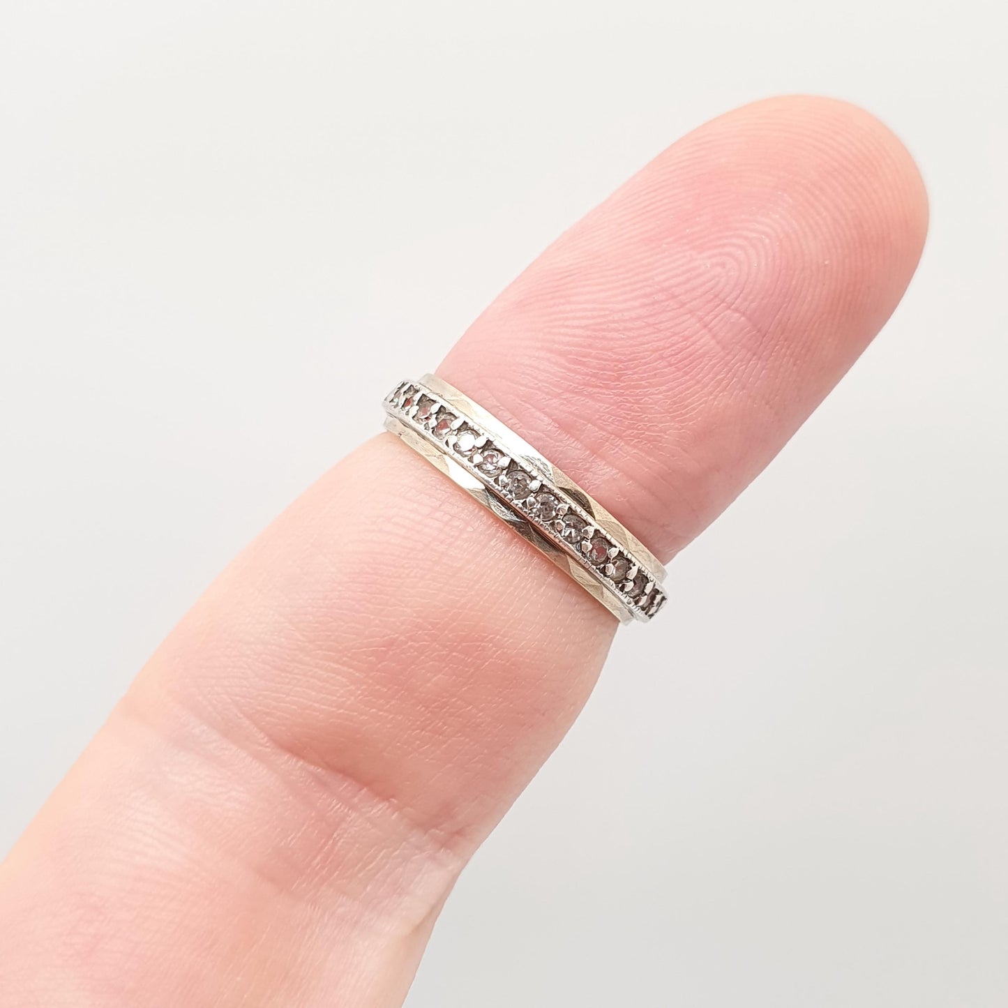 Old Vintage 9ct 9k Gold Sterling Silver Eternity Ring Diamond White Spinel Band Art Deco Sparkly Full 1950s Womens Jewelry Jewellery