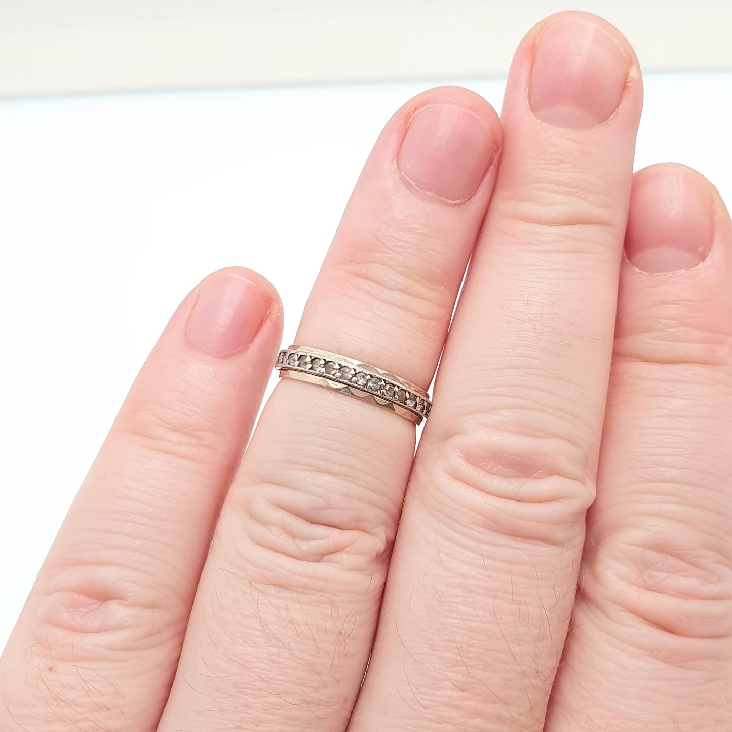 Old Vintage 9ct 9k Gold Sterling Silver Eternity Ring Diamond White Spinel Band Art Deco Sparkly Full 1950s Womens Jewelry Jewellery