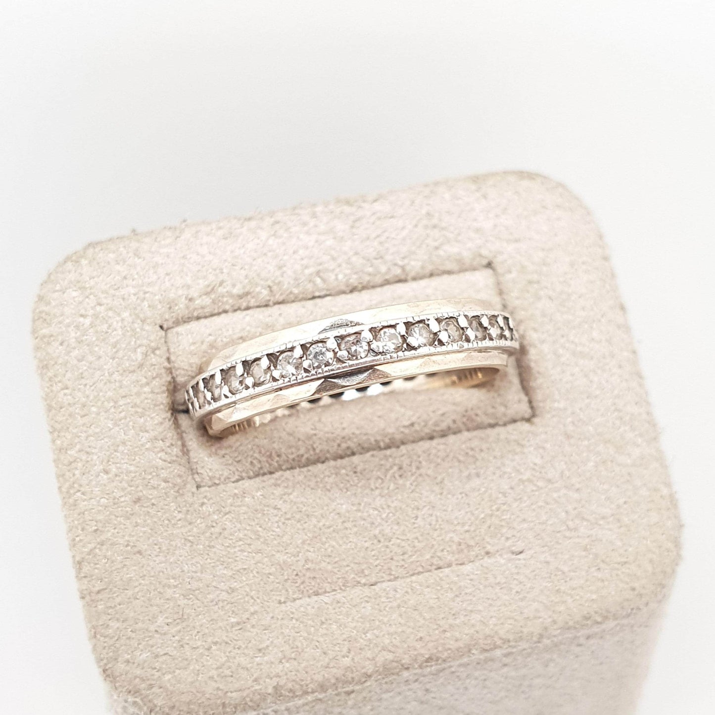 Old Vintage 9ct 9k Gold Sterling Silver Eternity Ring Diamond White Spinel Band Art Deco Sparkly Full 1950s Womens Jewelry Jewellery