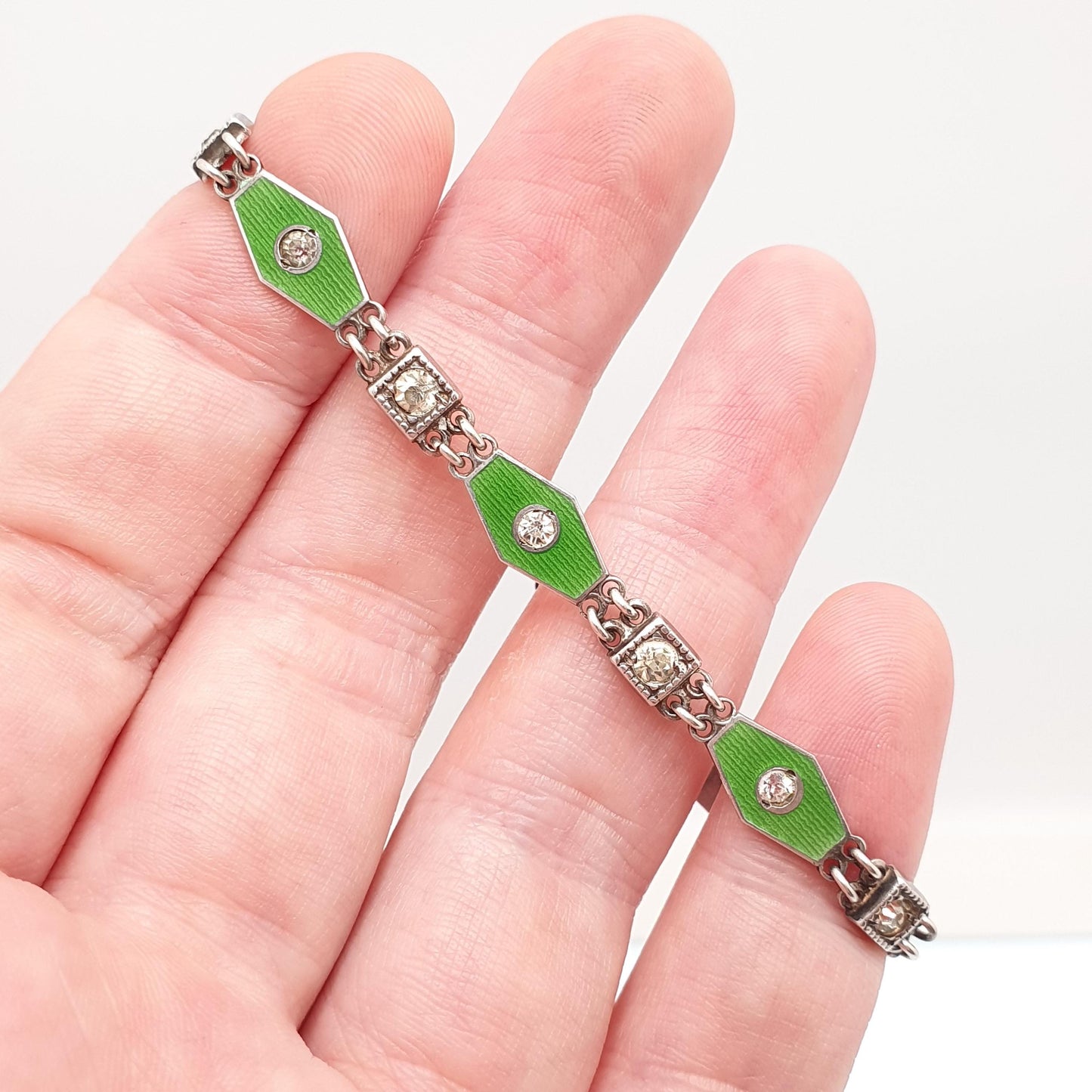 Antique Sterling Silver Enamel Bracelet Diamond Paste Art Deco Champleve Vintage 1920s 17.5cm 8.04g Green Kite Womens Jewelry Jewellery