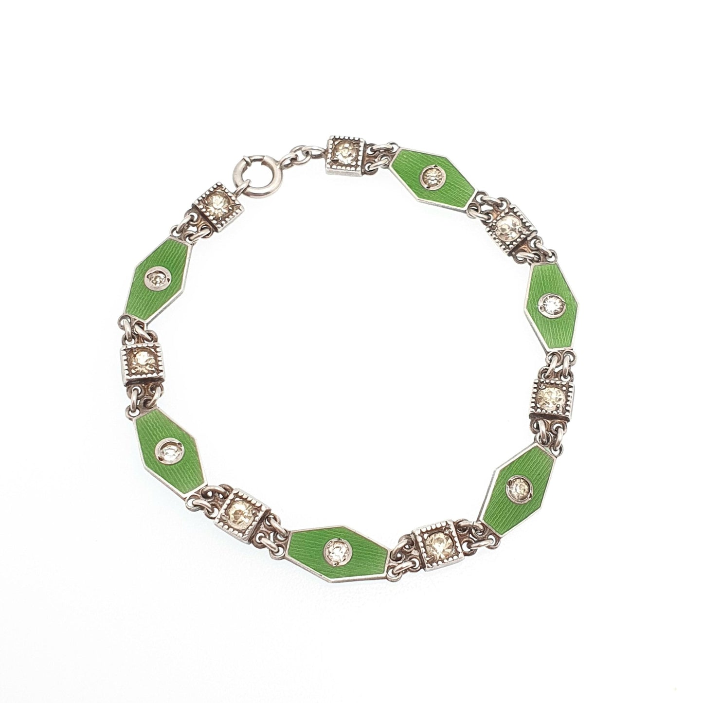 Antique Sterling Silver Enamel Bracelet Diamond Paste Art Deco Champleve Vintage 1920s 17.5cm 8.04g Green Kite Womens Jewelry Jewellery